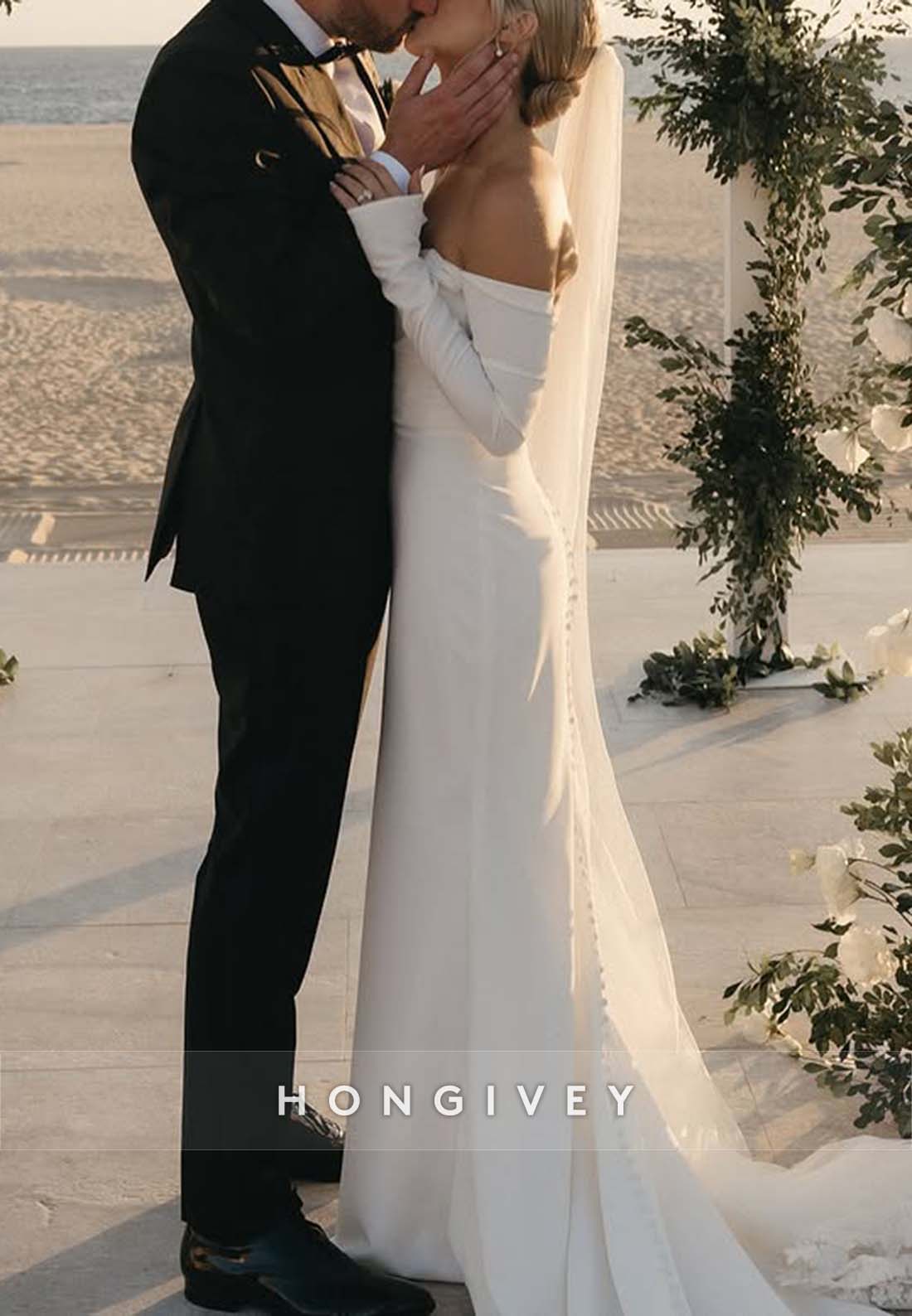 Off the Shoulder Simple Pleated Low Back Long Sleeve Wedding Dresses