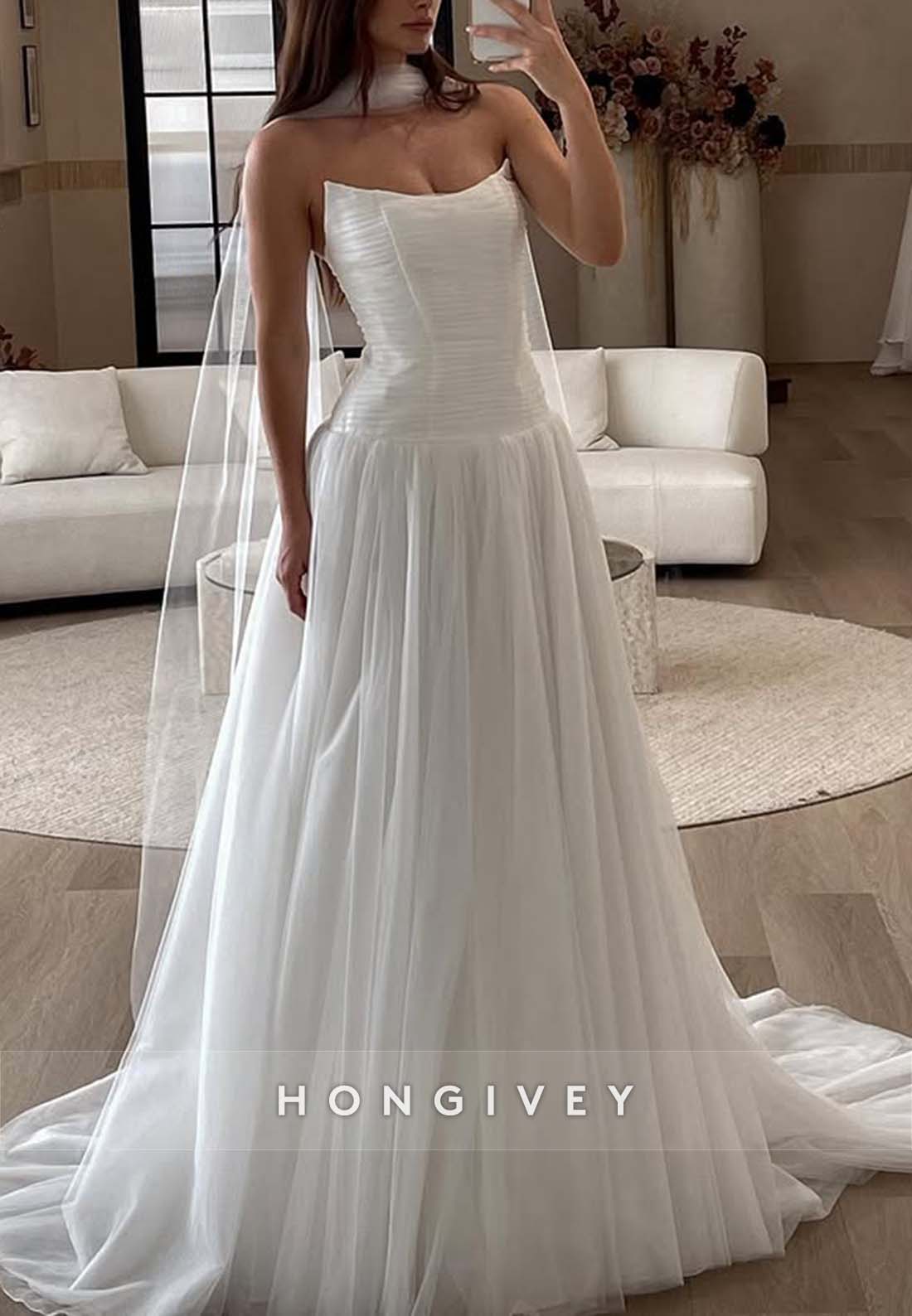 A-line Strapless Pleated Low Back Court Train Sleeveless Wedding Dresses