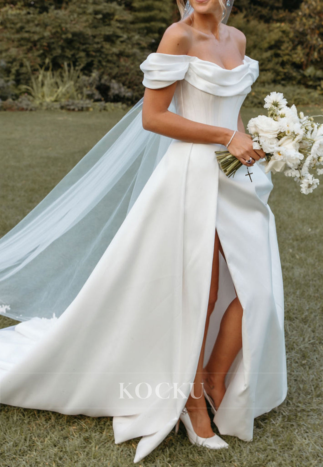 Elegant Off - Shoulder Satin Wedding Dress with High Slit & Long Train