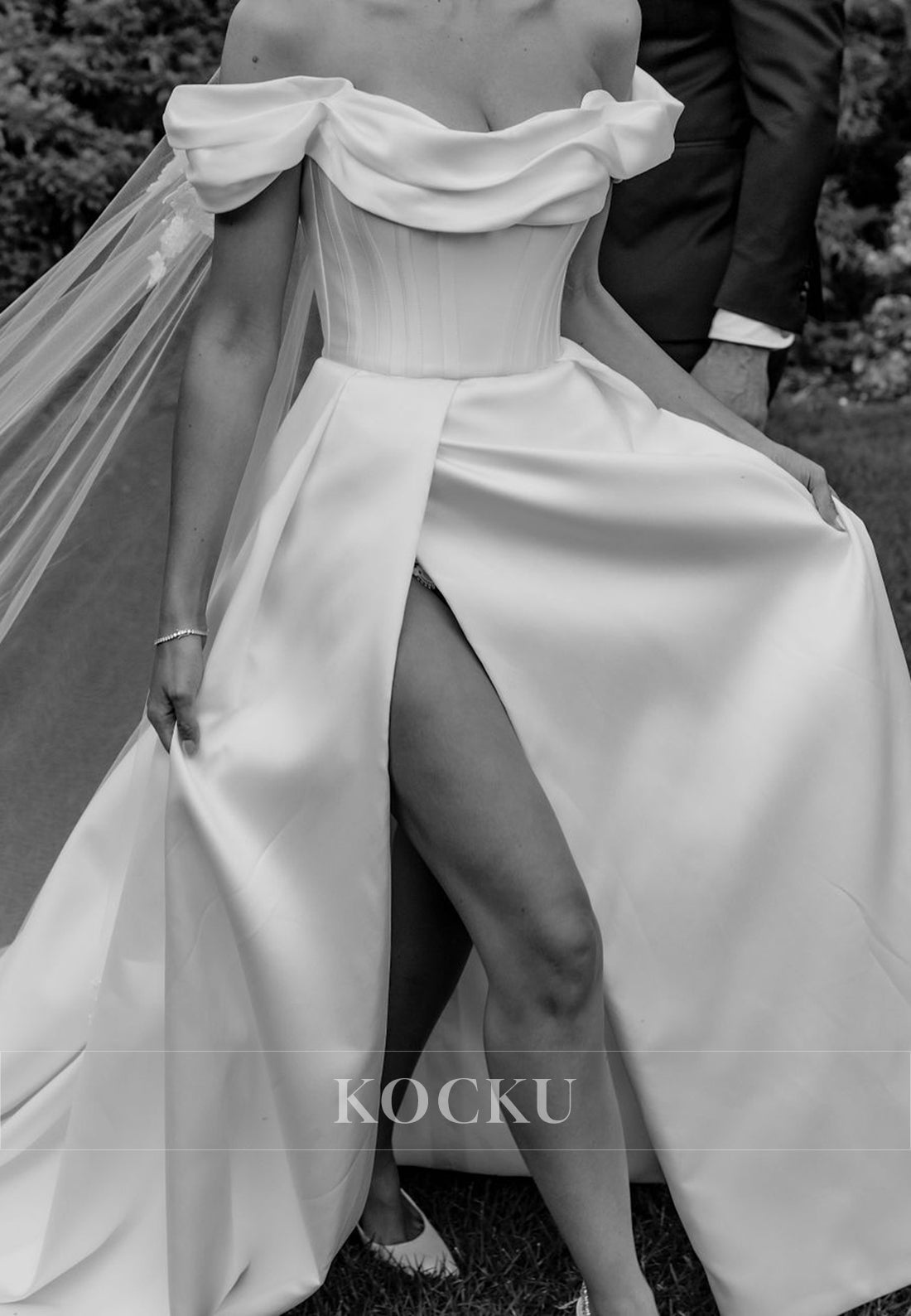 Elegant Off - Shoulder Satin Wedding Dress with High Slit & Long Train