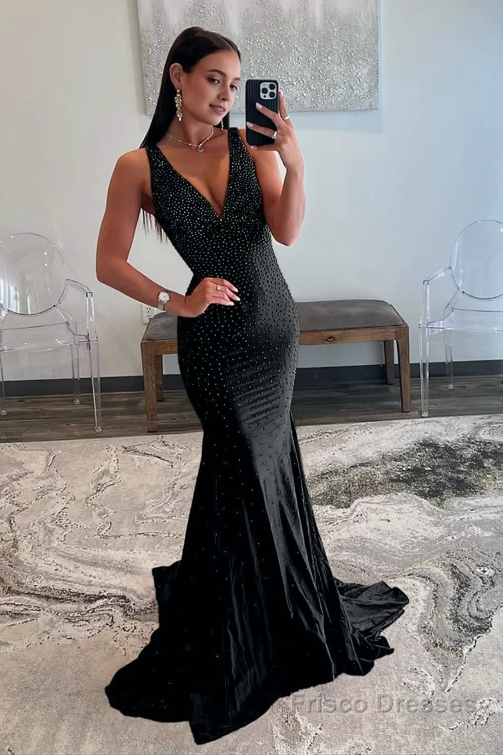 Mermaid Deep V-Neck Beaded Satin Long Prom Dress