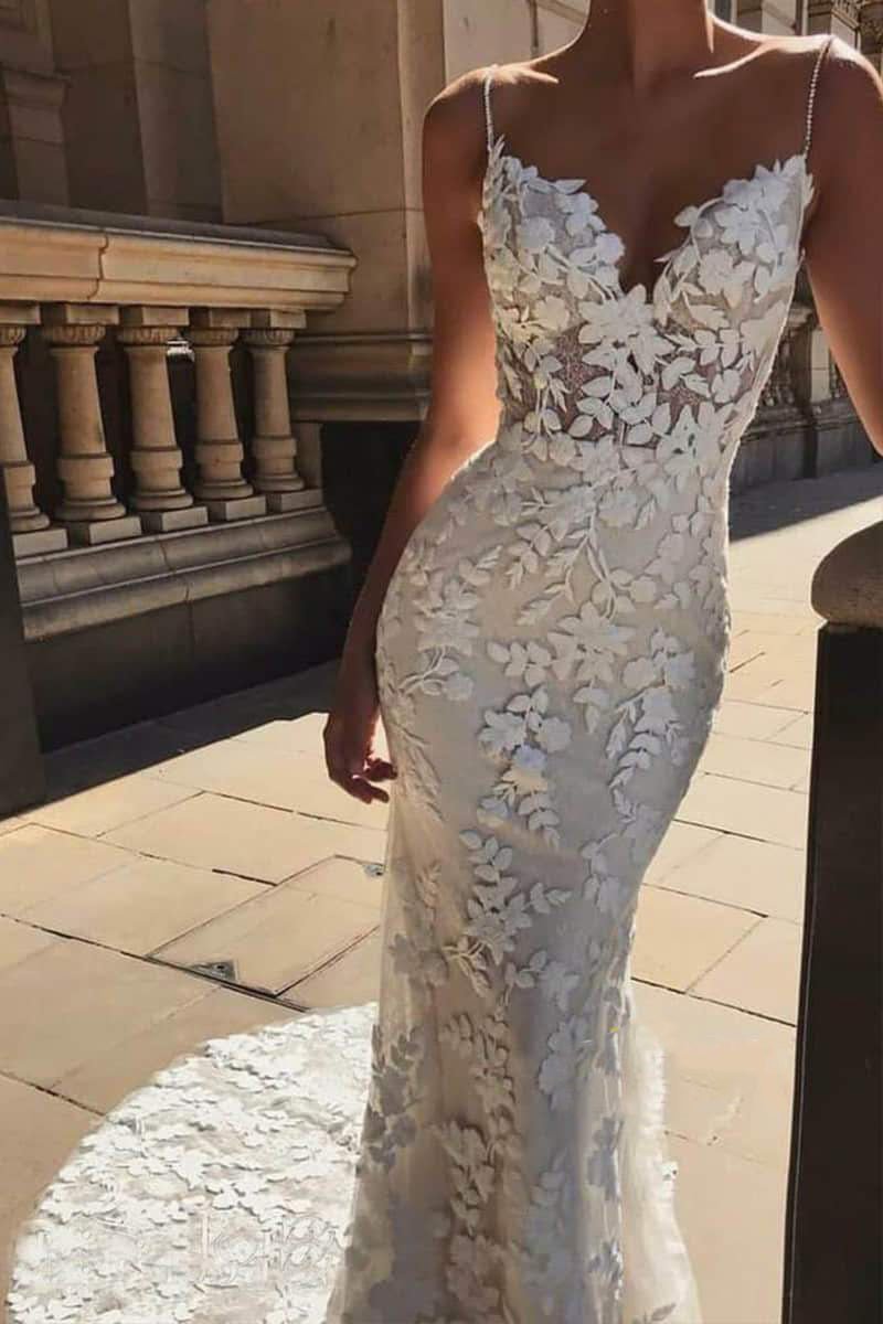 Mermaid Spaghetti Straps V-neck Lace Wedding Dresses