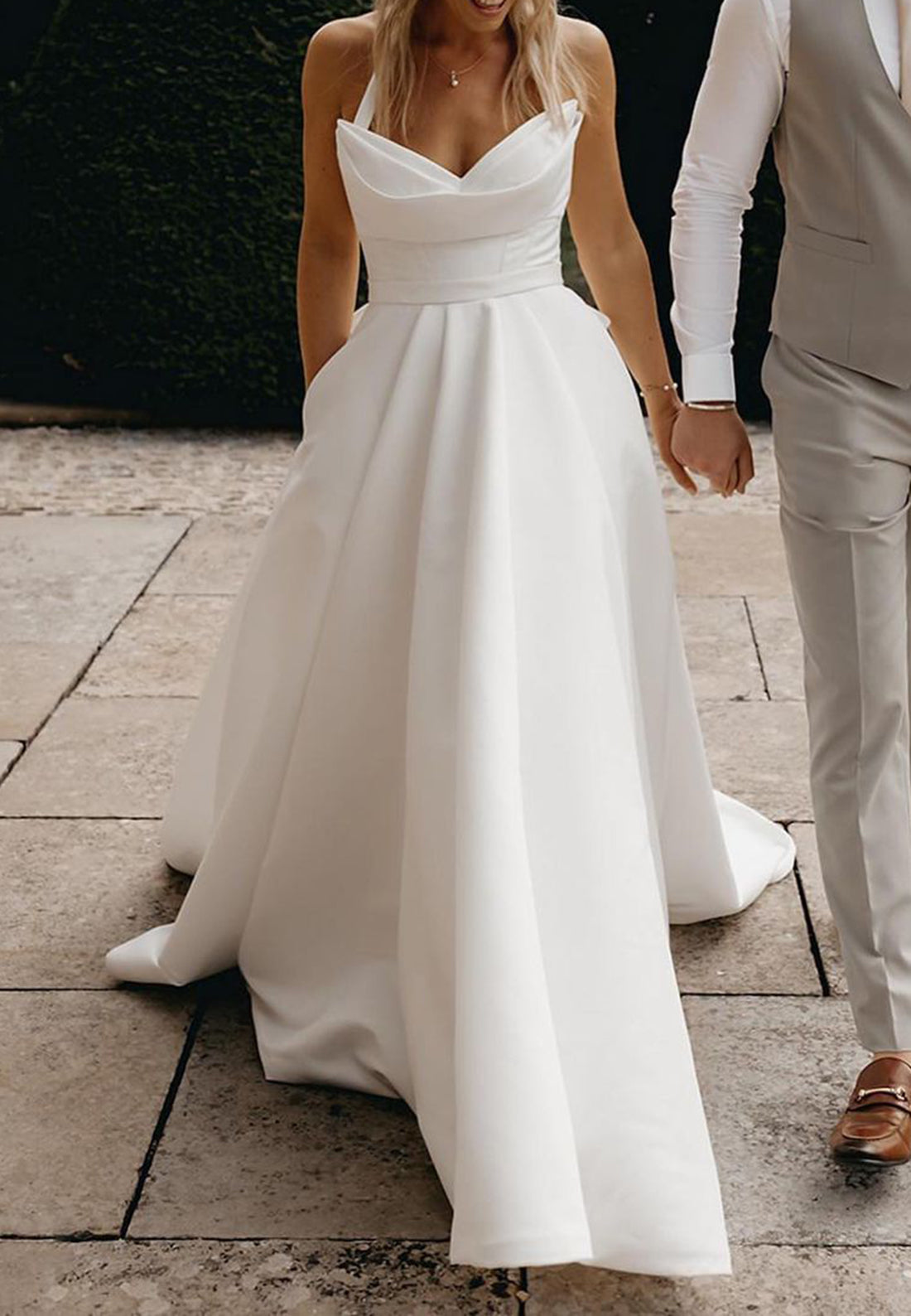 Minimalist Halter Ball Gown Wedding Dress with Open Back Bow Detail & Pockets