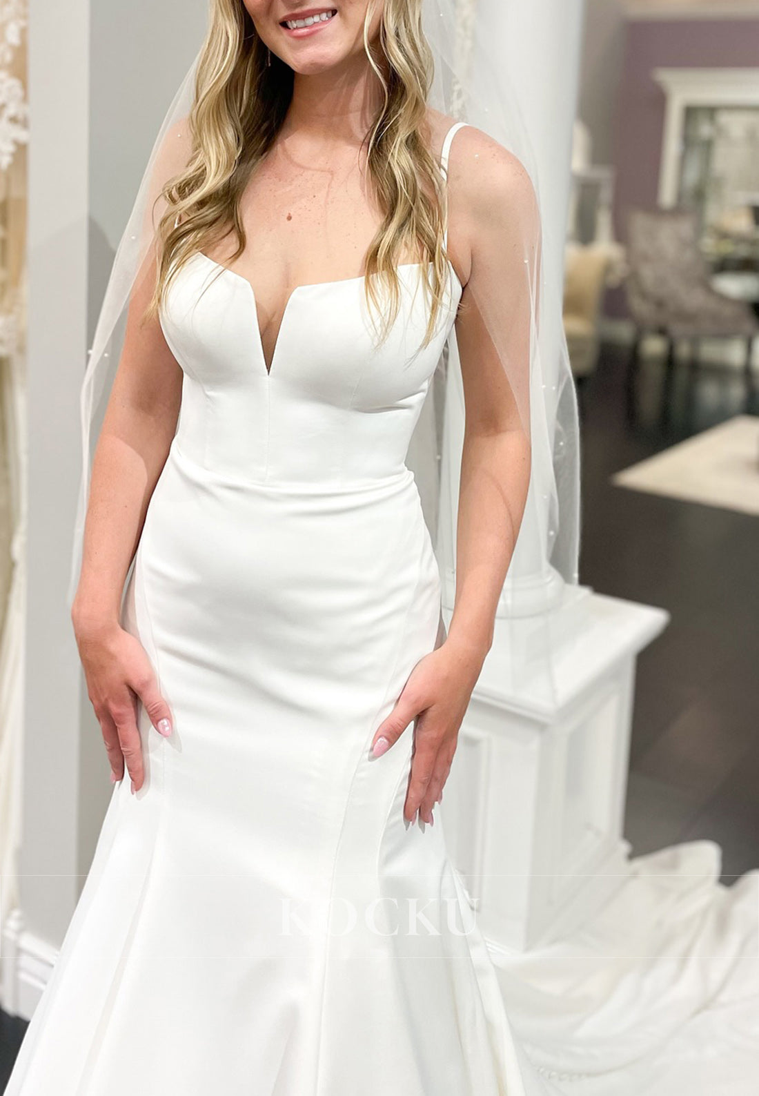 Spaghetti Strap Deep V - Neck Mermaid Wedding Dress in Satin