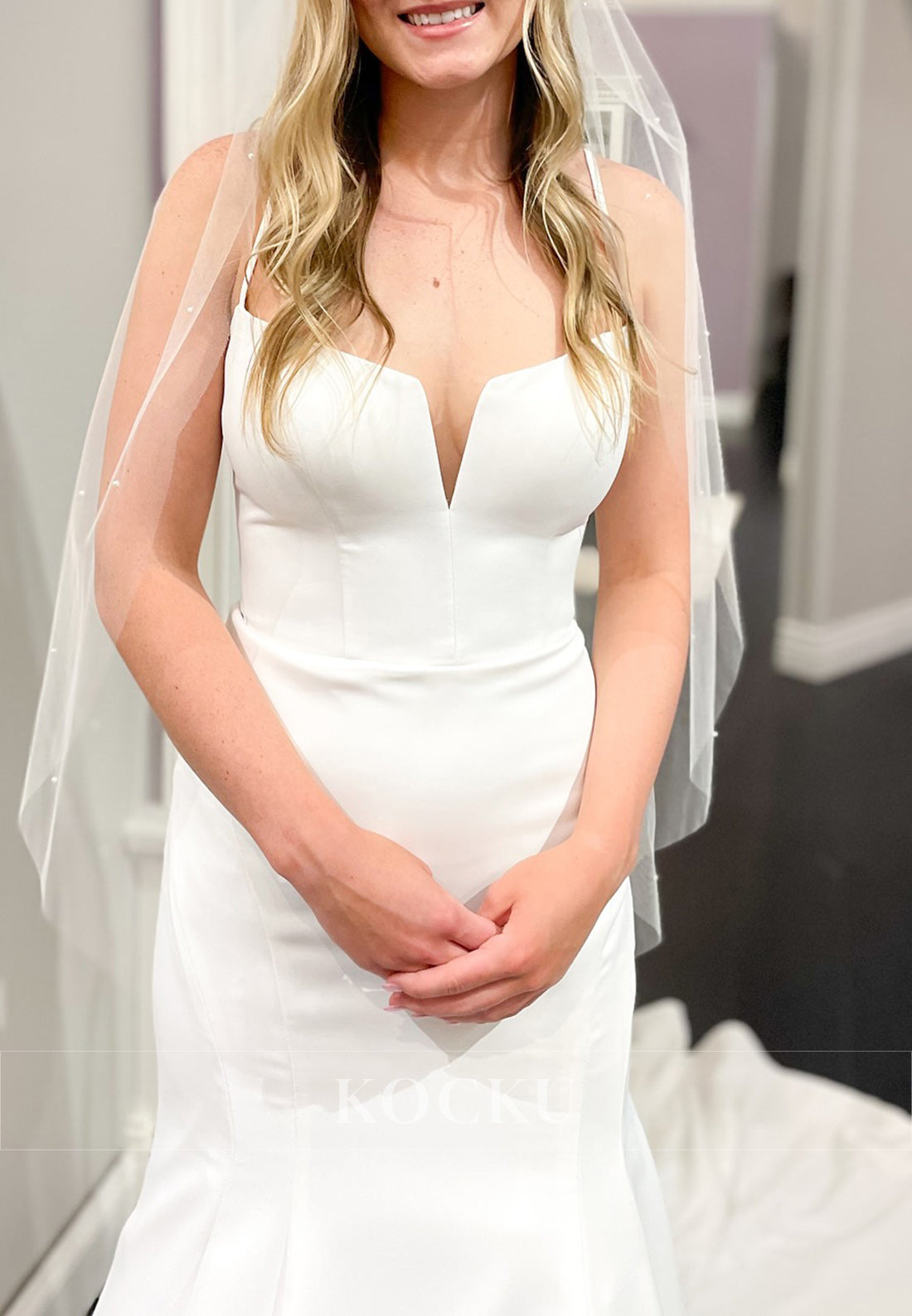 Spaghetti Strap Deep V - Neck Mermaid Wedding Dress in Satin