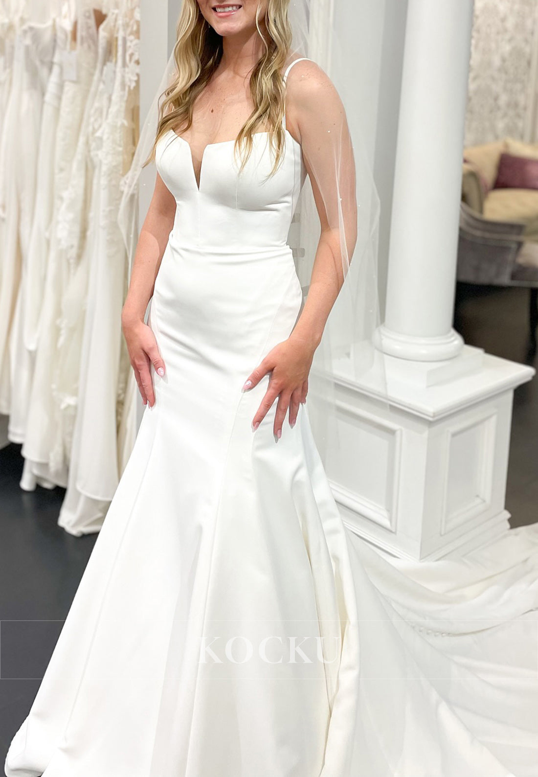 Spaghetti Strap Deep V - Neck Mermaid Wedding Dress in Satin