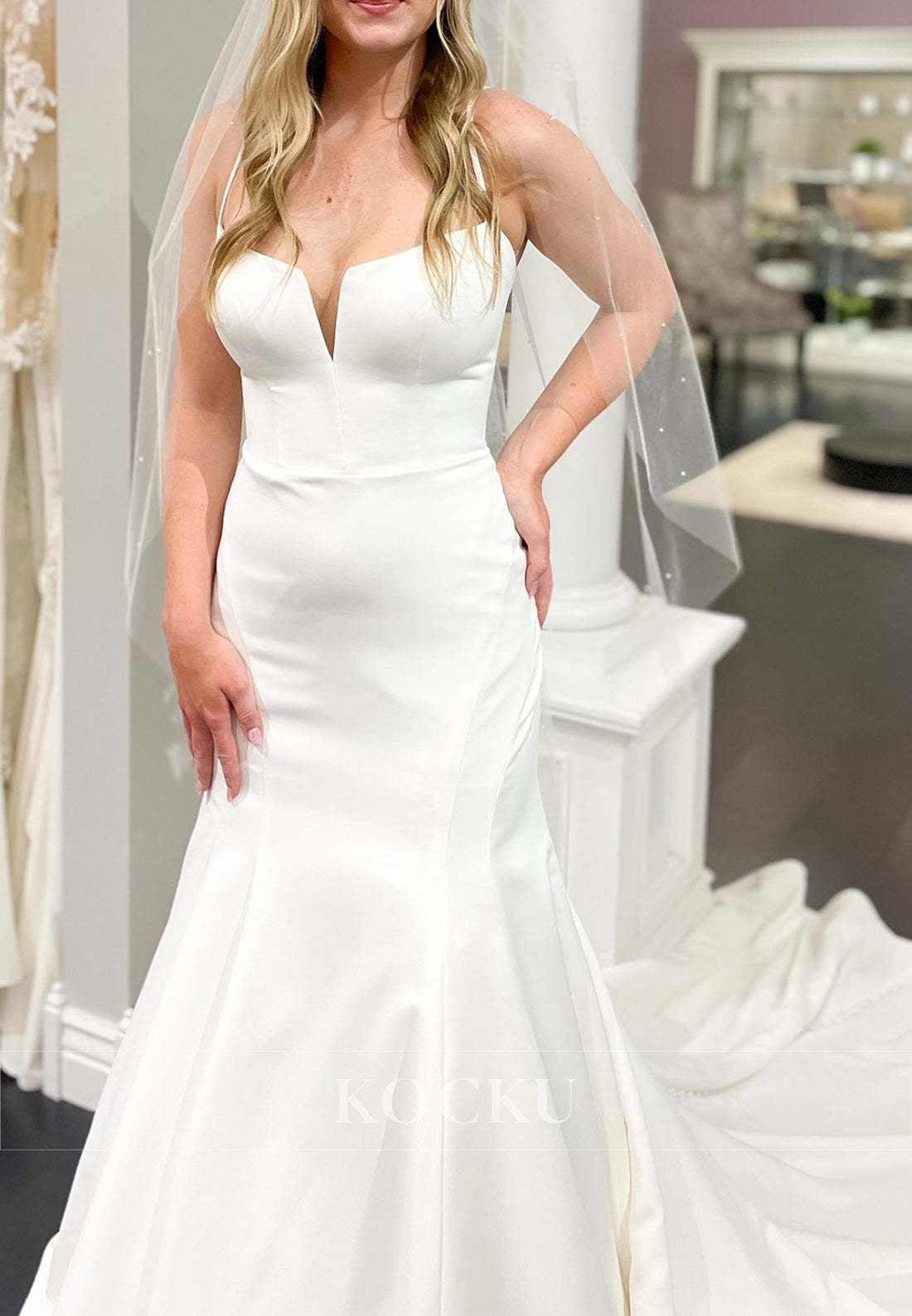 Spaghetti Strap Deep V - Neck Mermaid Wedding Dress in Satin