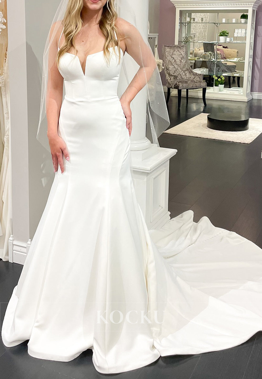 Spaghetti Strap Deep V - Neck Mermaid Wedding Dress in Satin