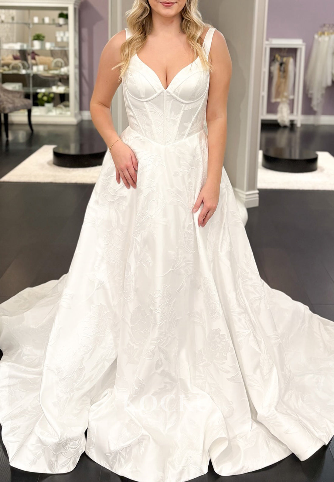 Deep V - Neck Jacquard Ball Gown Wedding Dress with Bow Back Detail