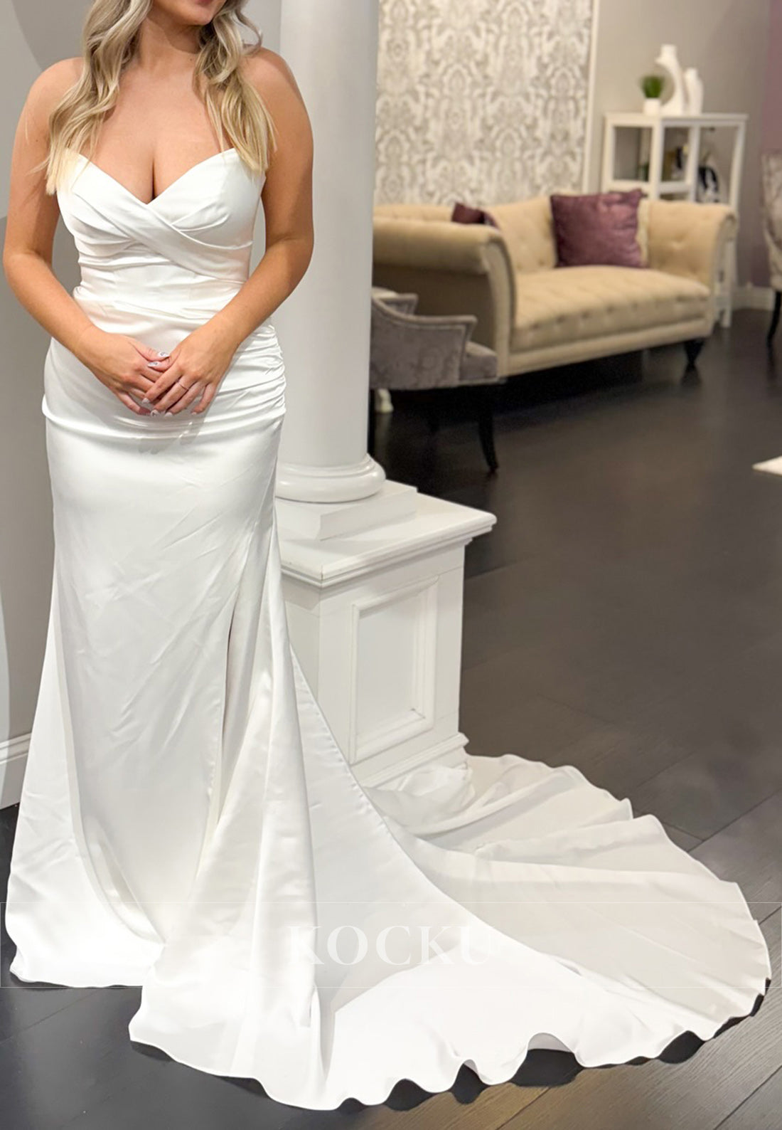 Deep V - Neck Satin Mermaid Wedding Dress with Cross - Front Detail and Train