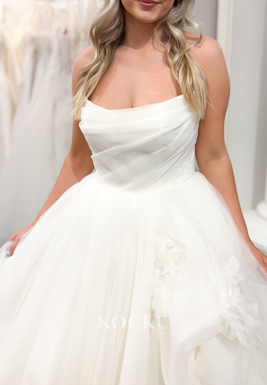 Strapless Tulle Ball Gown Wedding Dress with 3D Floral Accents