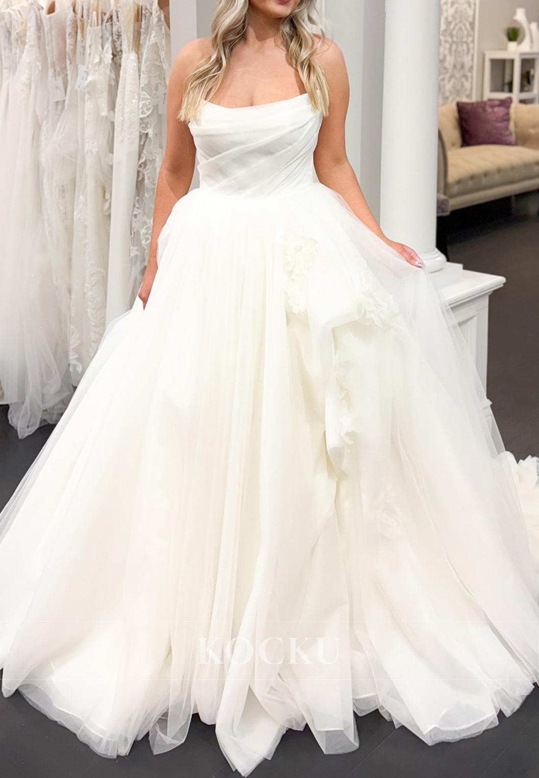 Strapless Tulle Ball Gown Wedding Dress with 3D Floral Accents