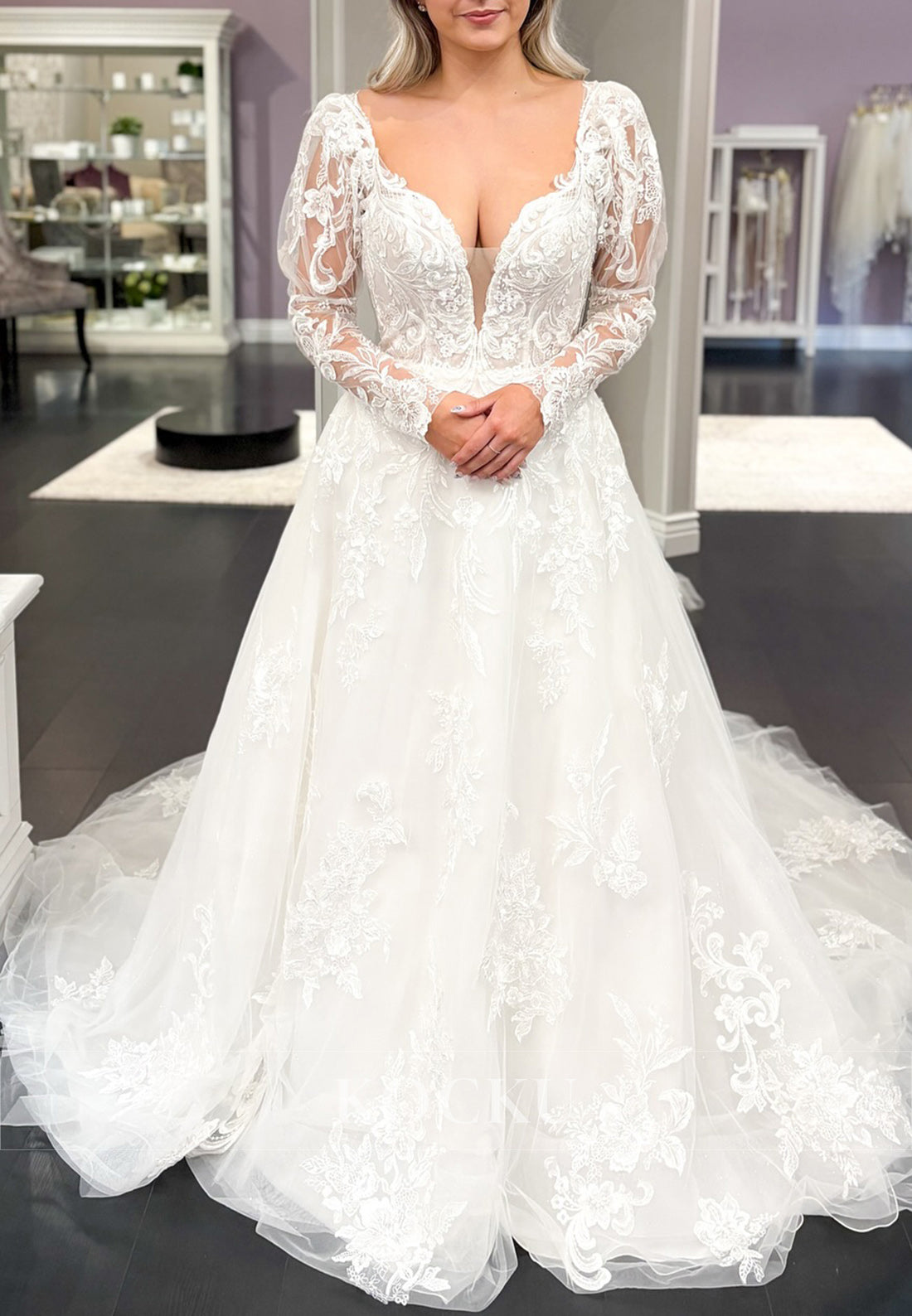 Deep V - Neck Lace & Tulle Wedding Dress with Sheer Long Sleeves