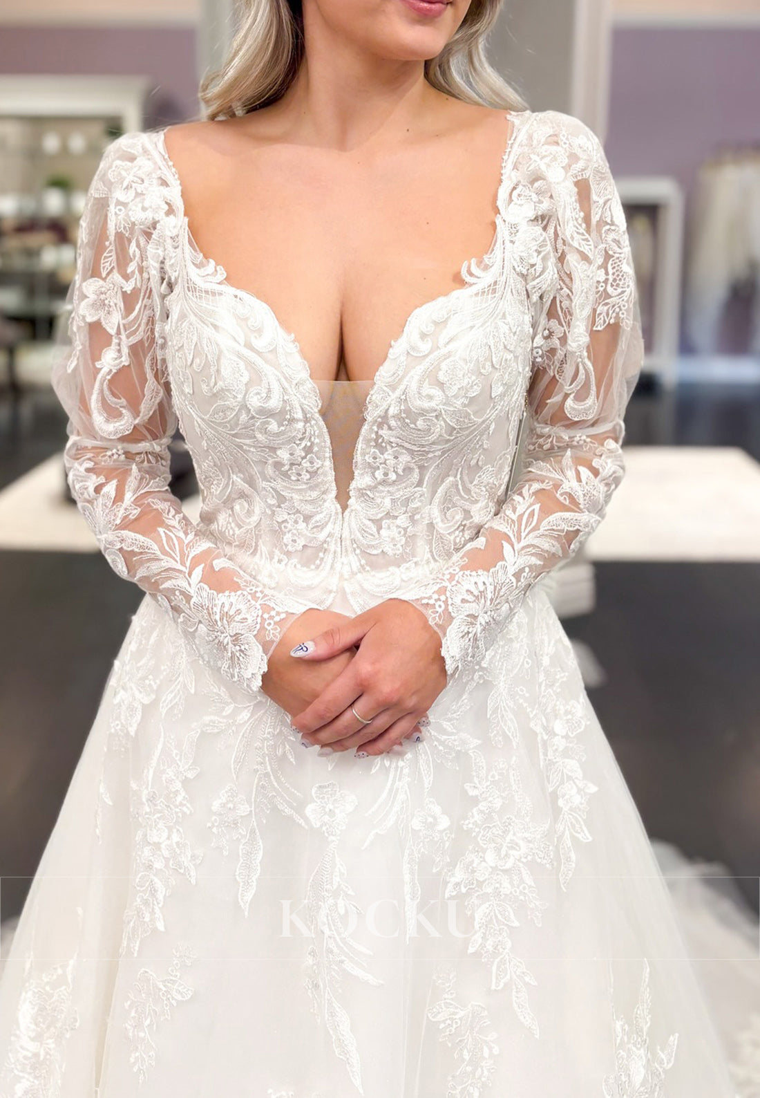 Deep V - Neck Lace & Tulle Wedding Dress with Sheer Long Sleeves