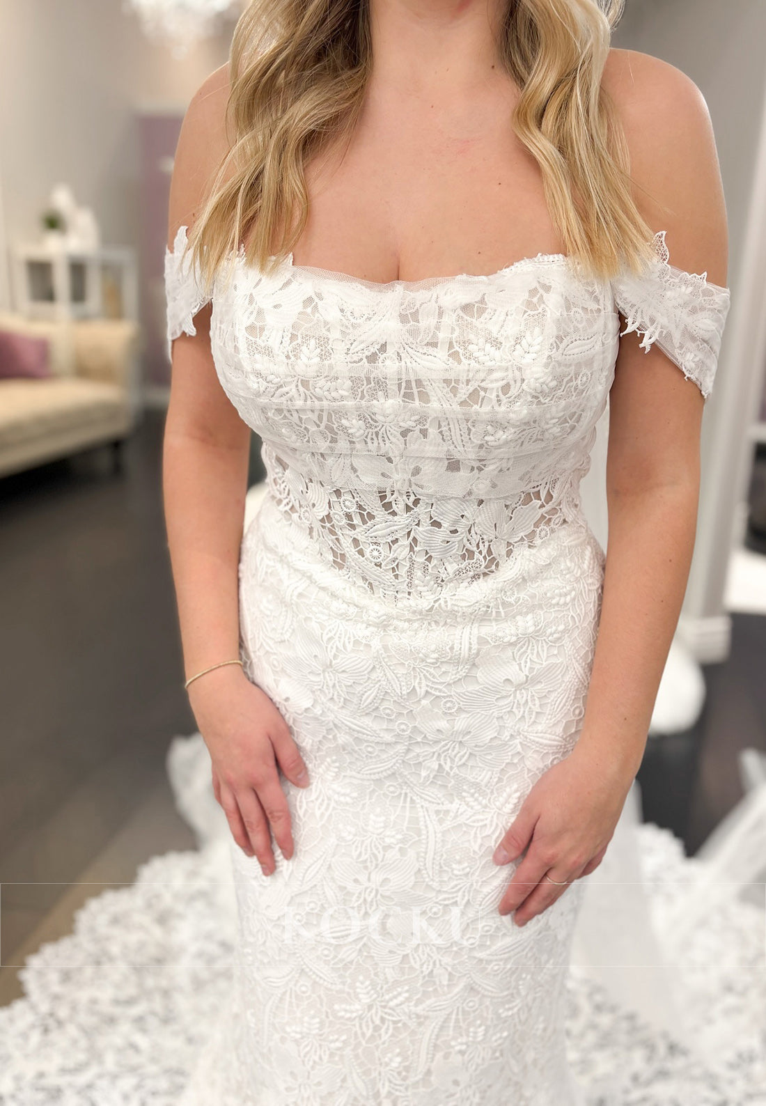 Off - Shoulder Lace Mermaid Wedding Dress with Sheer Waist and Train
