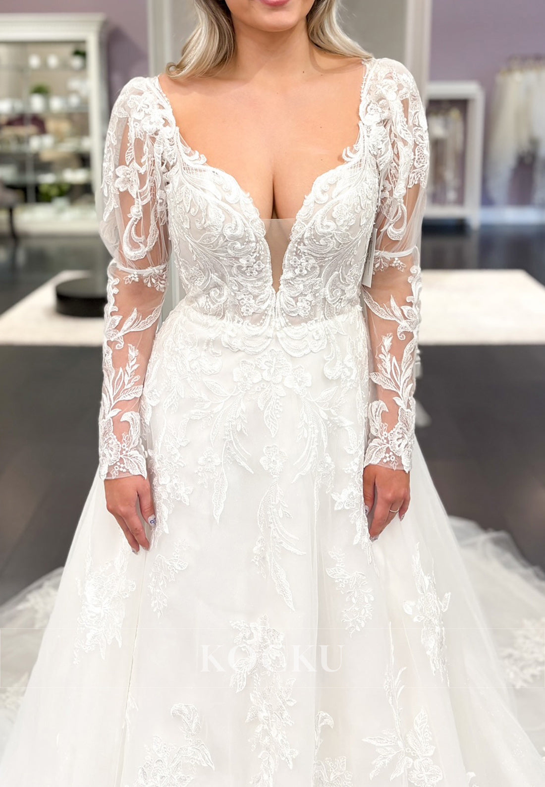 Deep V - Neck Lace & Tulle Wedding Dress with Sheer Long Sleeves