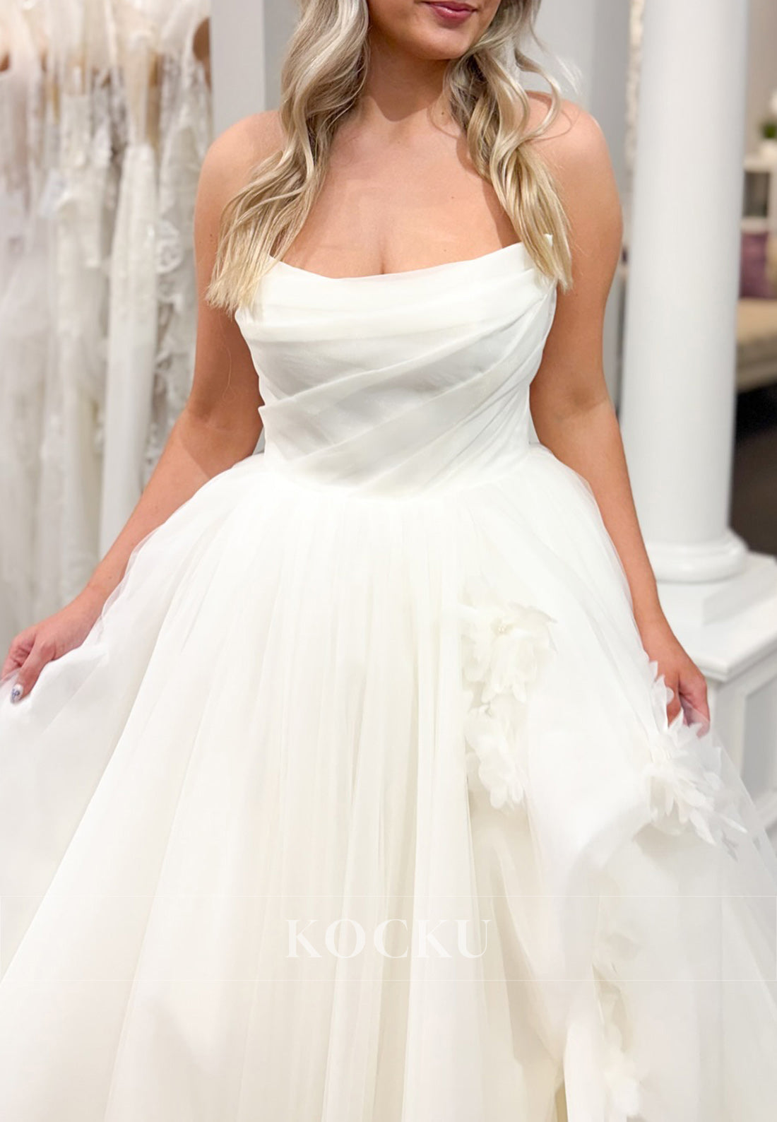 Strapless Tulle Ball Gown Wedding Dress with 3D Floral Accents