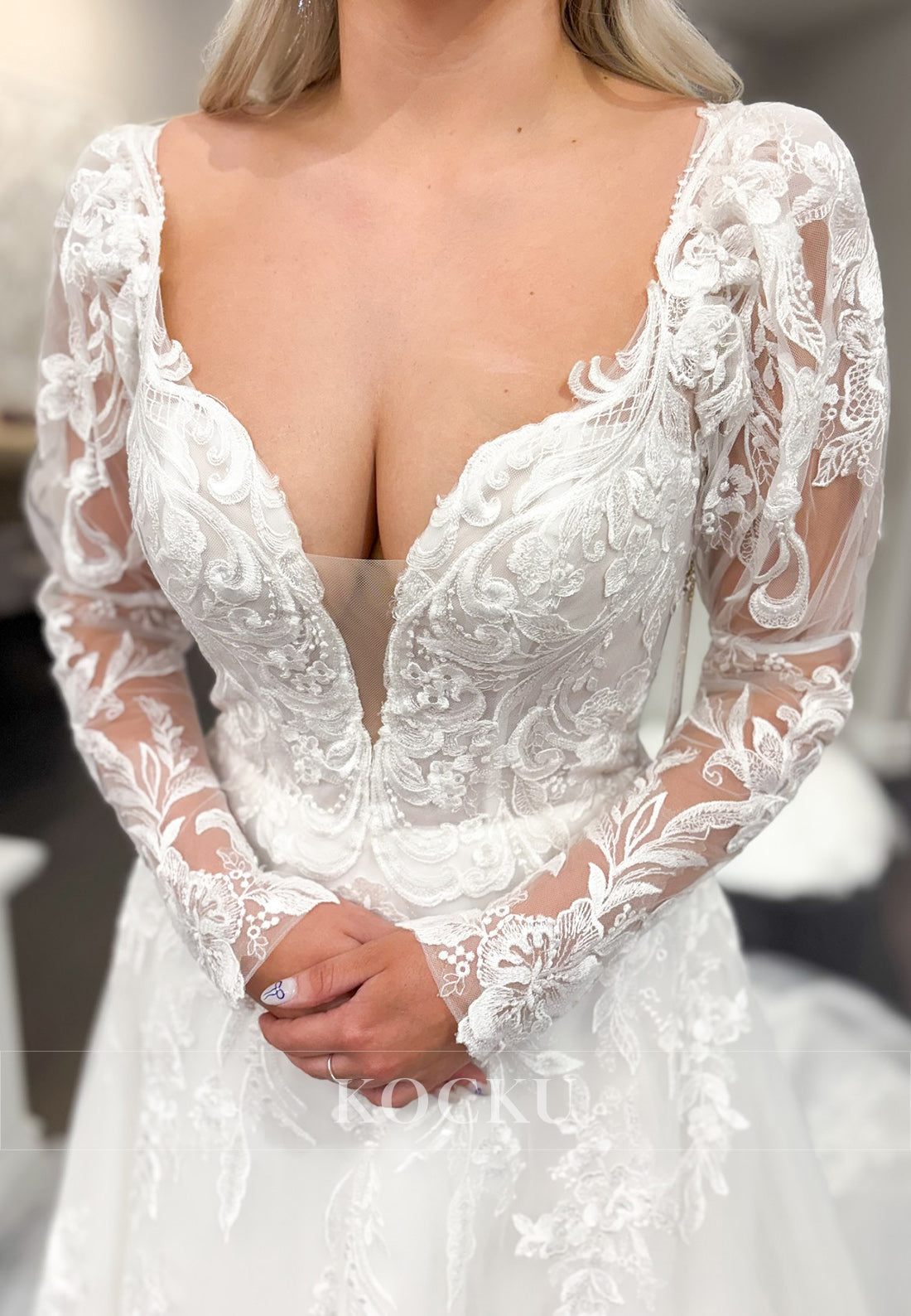 Deep V - Neck Lace & Tulle Wedding Dress with Sheer Long Sleeves
