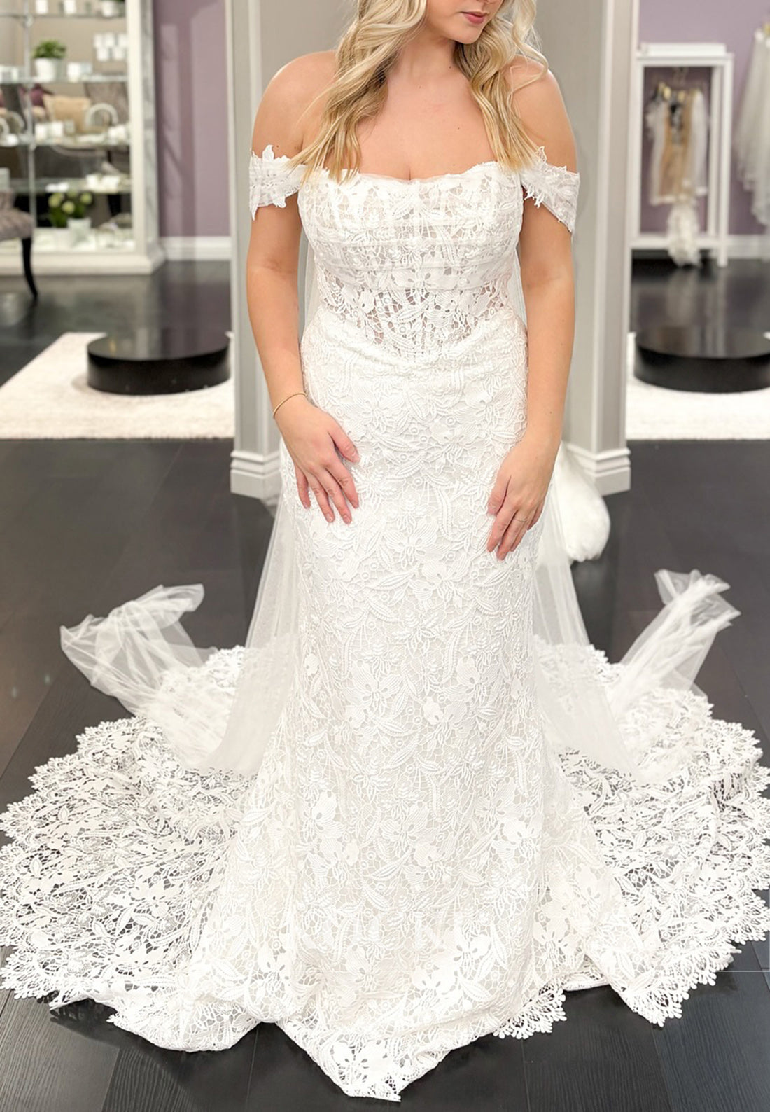 Off - Shoulder Lace Mermaid Wedding Dress with Sheer Waist and Train