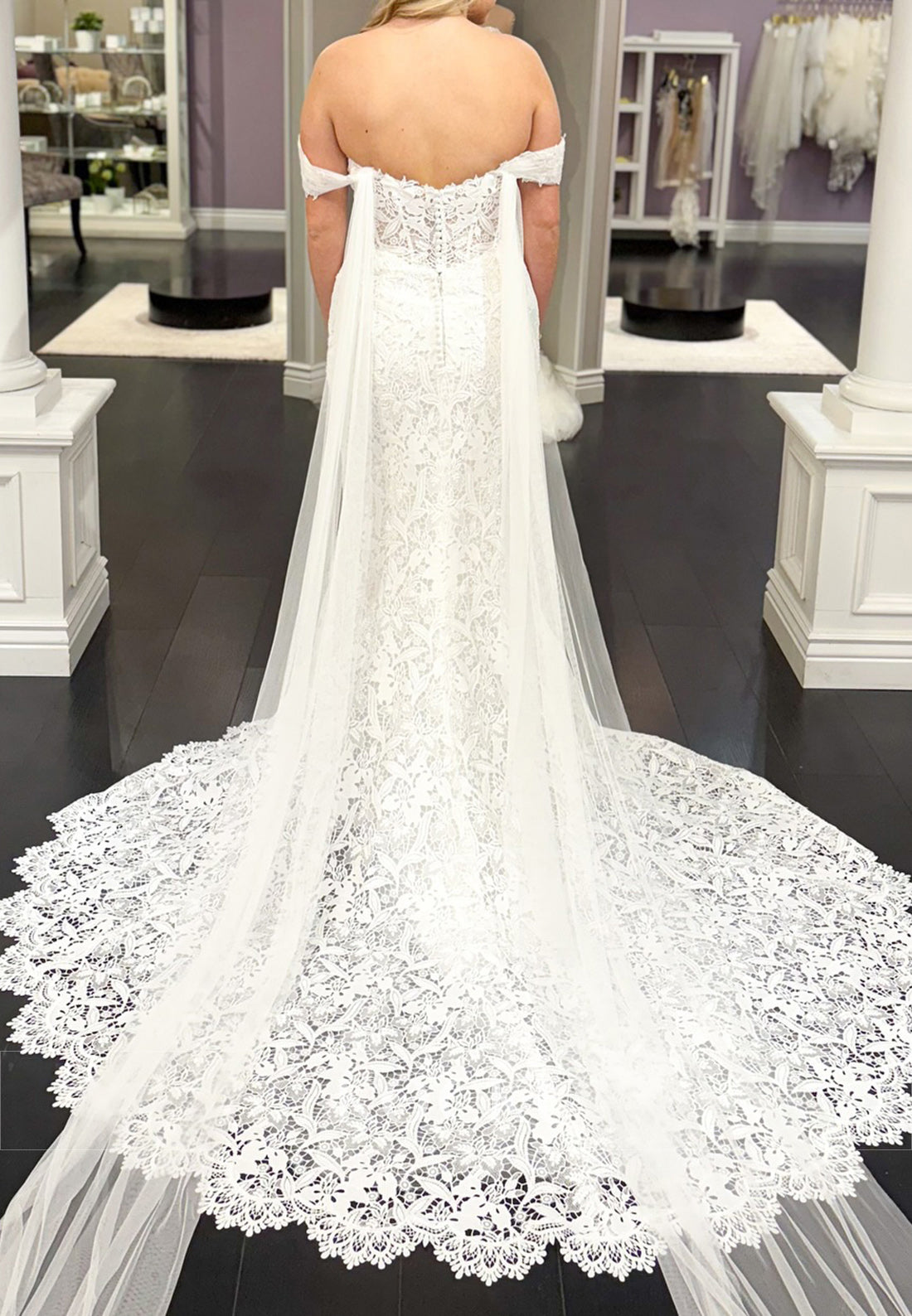 Off - Shoulder Lace Mermaid Wedding Dress with Sheer Waist and Train