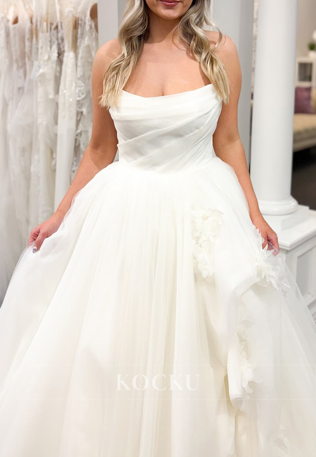Strapless Tulle Ball Gown Wedding Dress with 3D Floral Accents