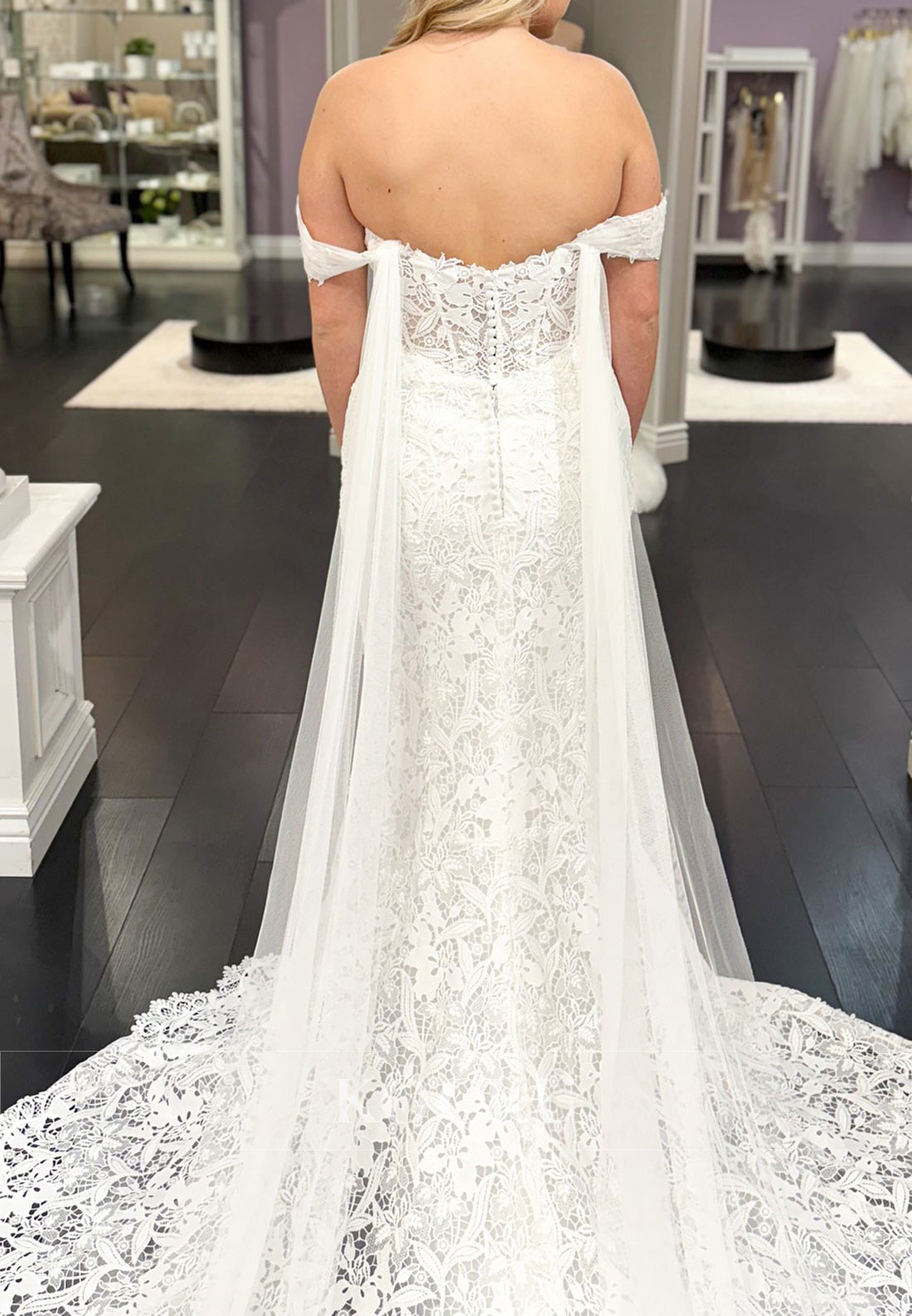 Off - Shoulder Lace Mermaid Wedding Dress with Sheer Waist and Train