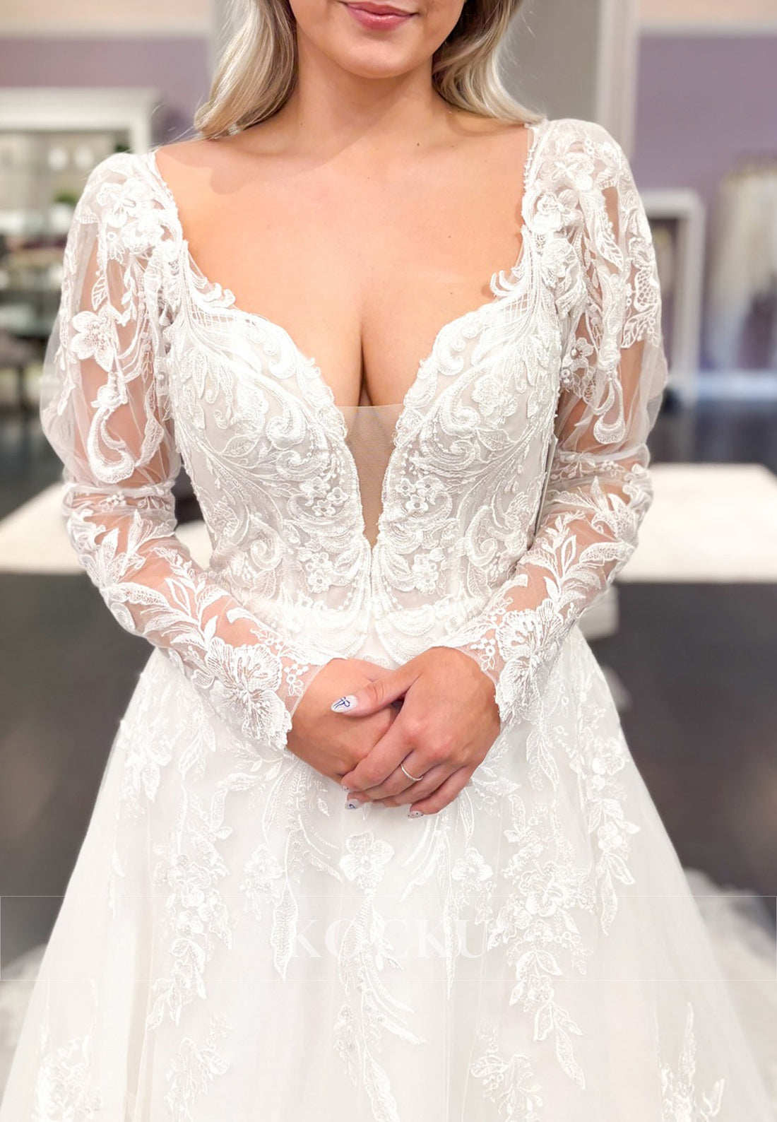 Deep V - Neck Lace & Tulle Wedding Dress with Sheer Long Sleeves
