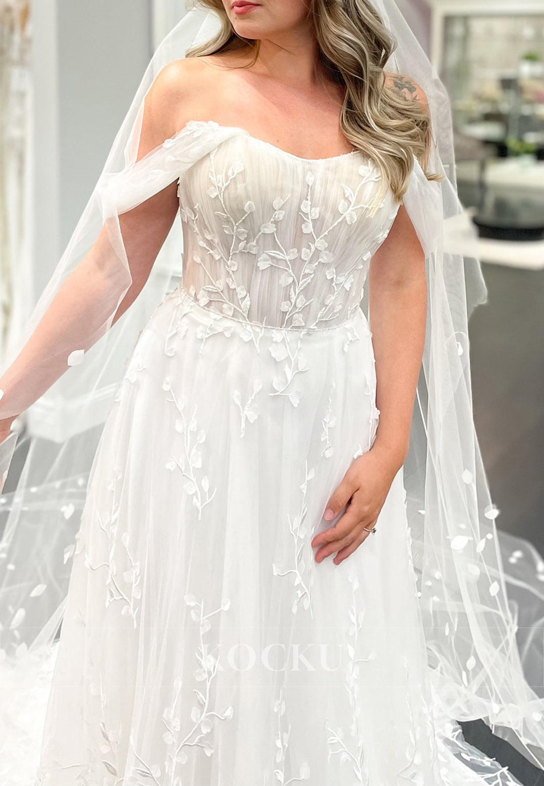 Romantic White Off - Shoulder Tulle Wedding Dress with Floral Vine Embroidery