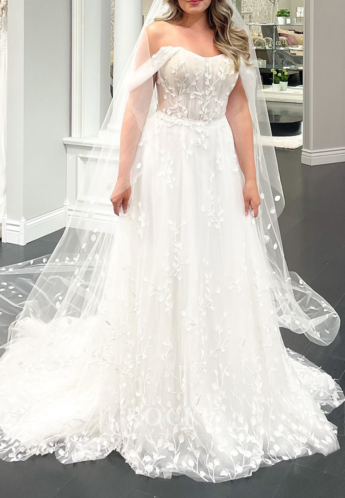 Romantic White Off - Shoulder Tulle Wedding Dress with Floral Vine Embroidery