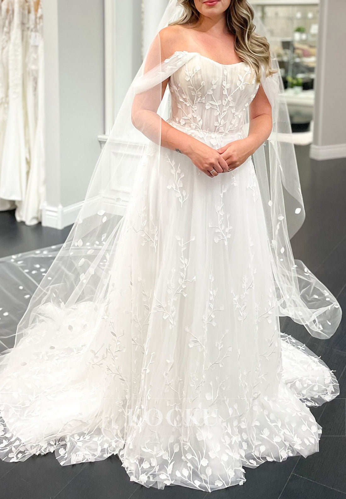 Romantic White Off - Shoulder Tulle Wedding Dress with Floral Vine Embroidery