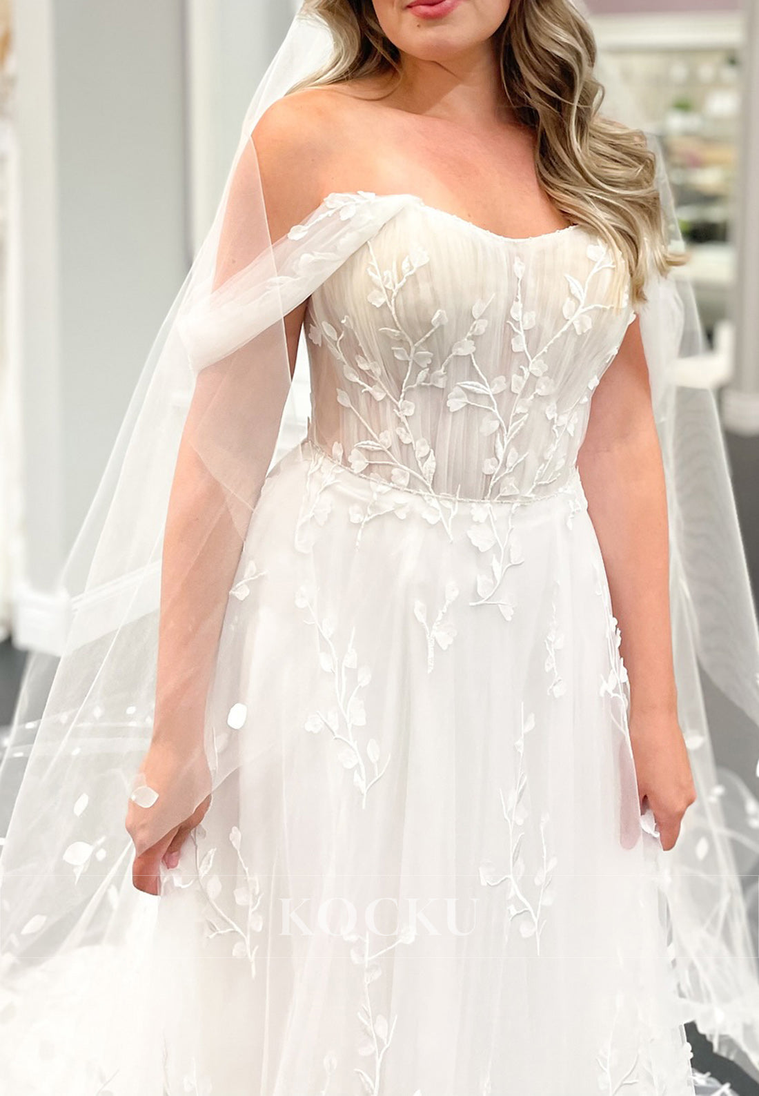 Romantic White Off - Shoulder Tulle Wedding Dress with Floral Vine Embroidery