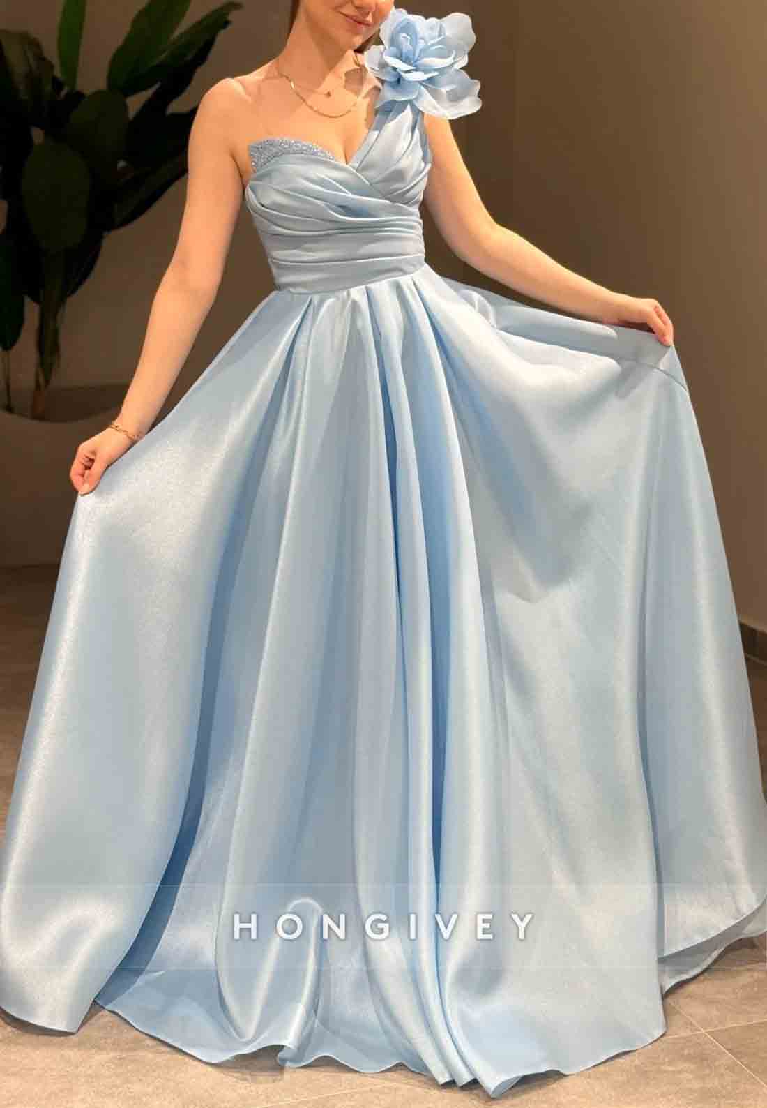 A-line Shoulder Flower One Shoulder Empire Crisscross Back Evening Gowns