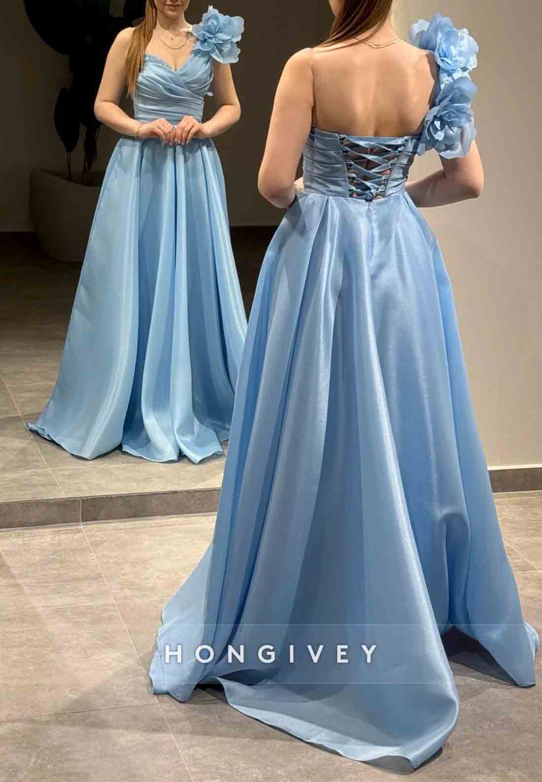 A-line Shoulder Flower One Shoulder Empire Crisscross Back Evening Gowns