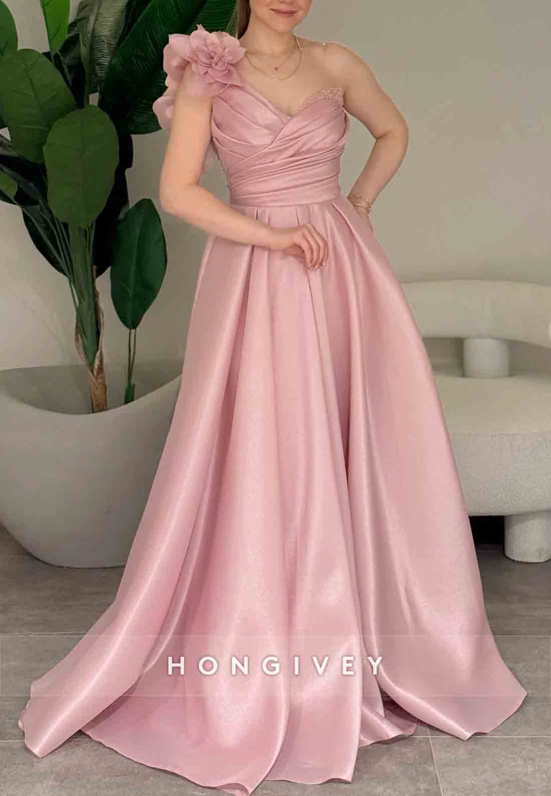 A-line Shoulder Flower One Shoulder Empire Crisscross Back Evening Gowns
