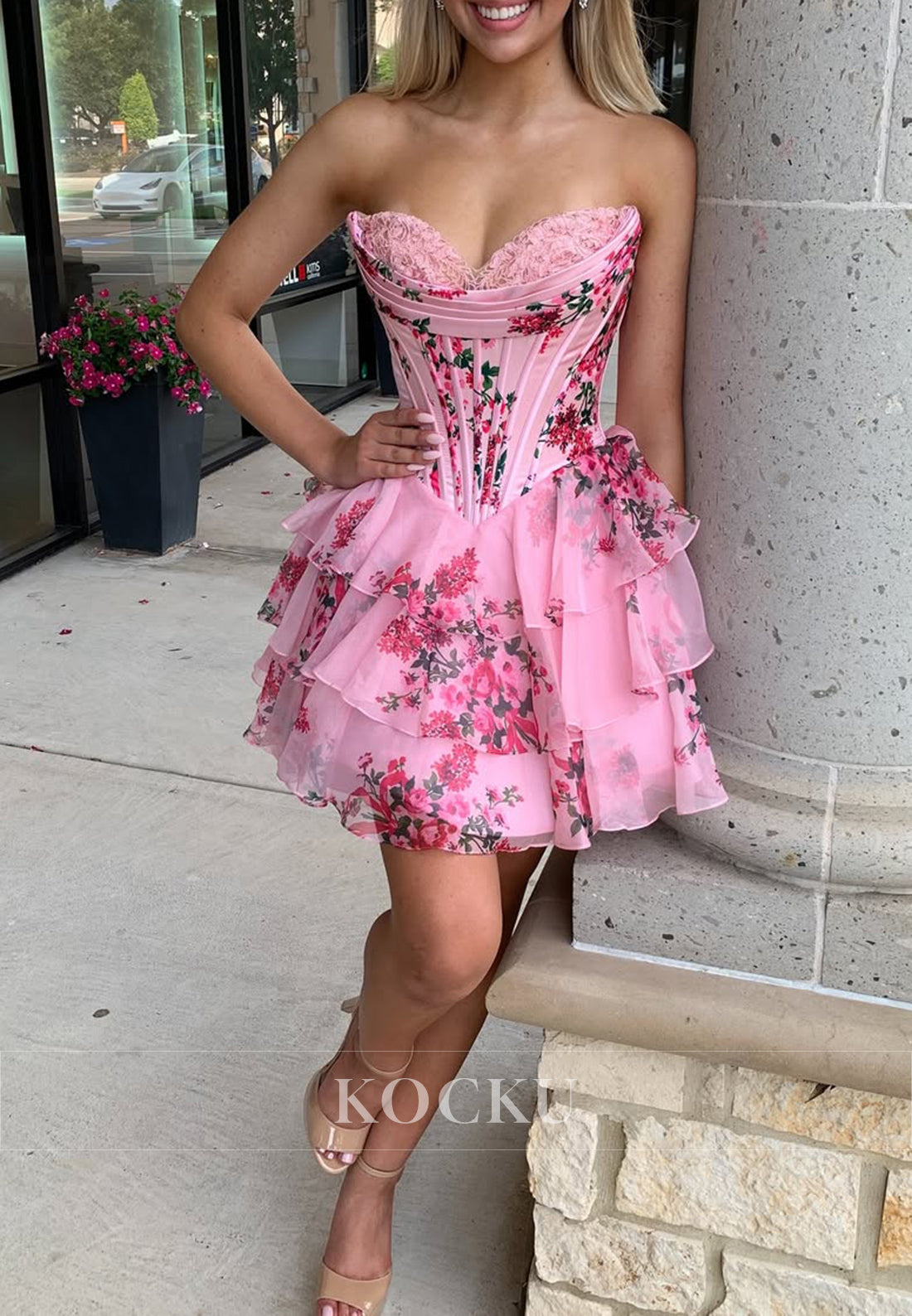 A-Line Strapless Sweetheart Print Flowers Homecoming Dresses