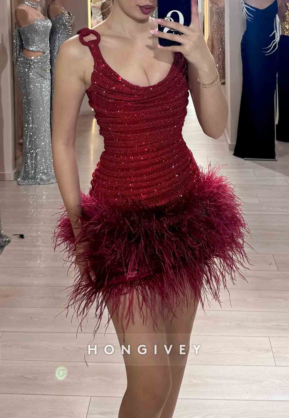 Cowl Neck Feather Sleeveless Pleated Glitter Mini Homecoming Dresses