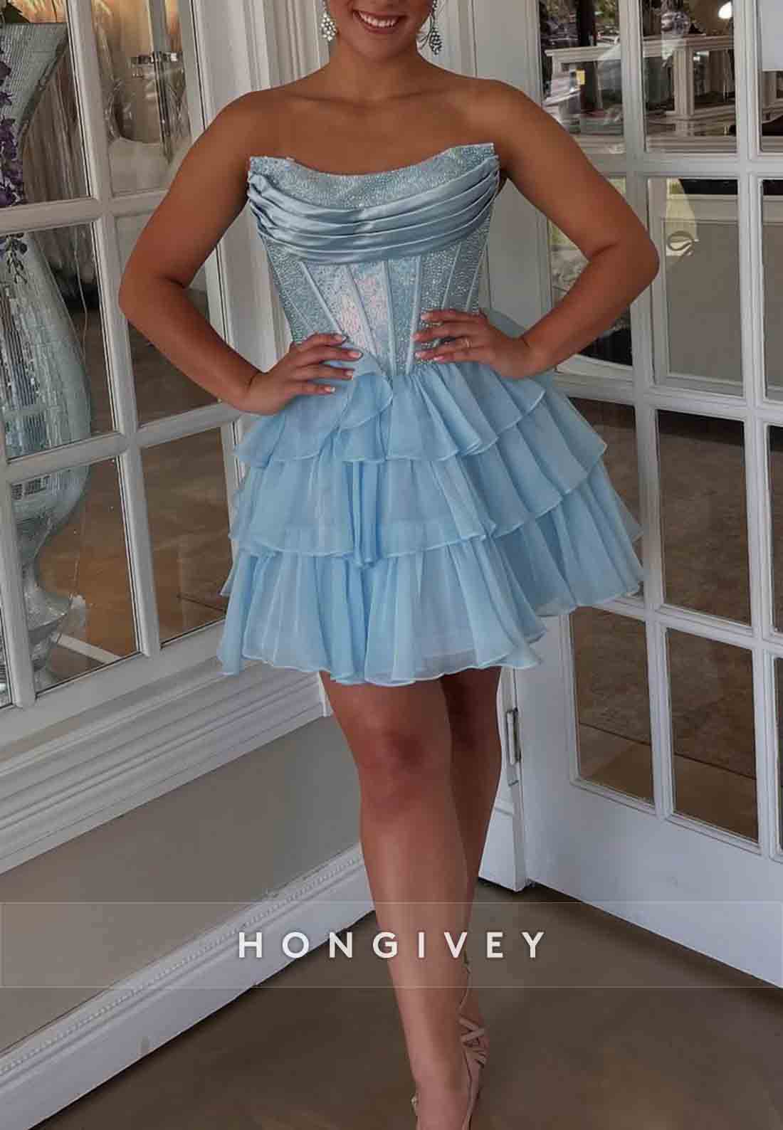 A-Line Strapless Ruched Crisscross Back Pleated Short Homecoming Dresses