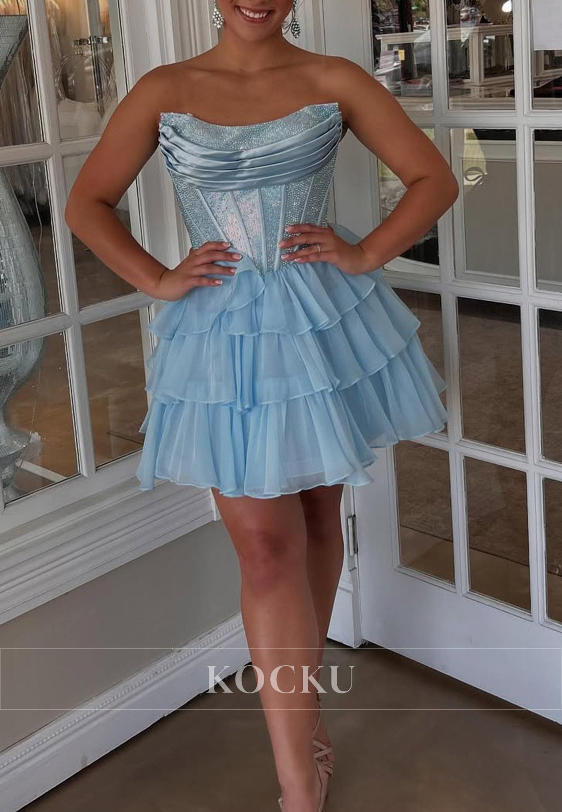 A-Line Sky Blue Scoop Rhinestone Pleated Homecoming Dresses