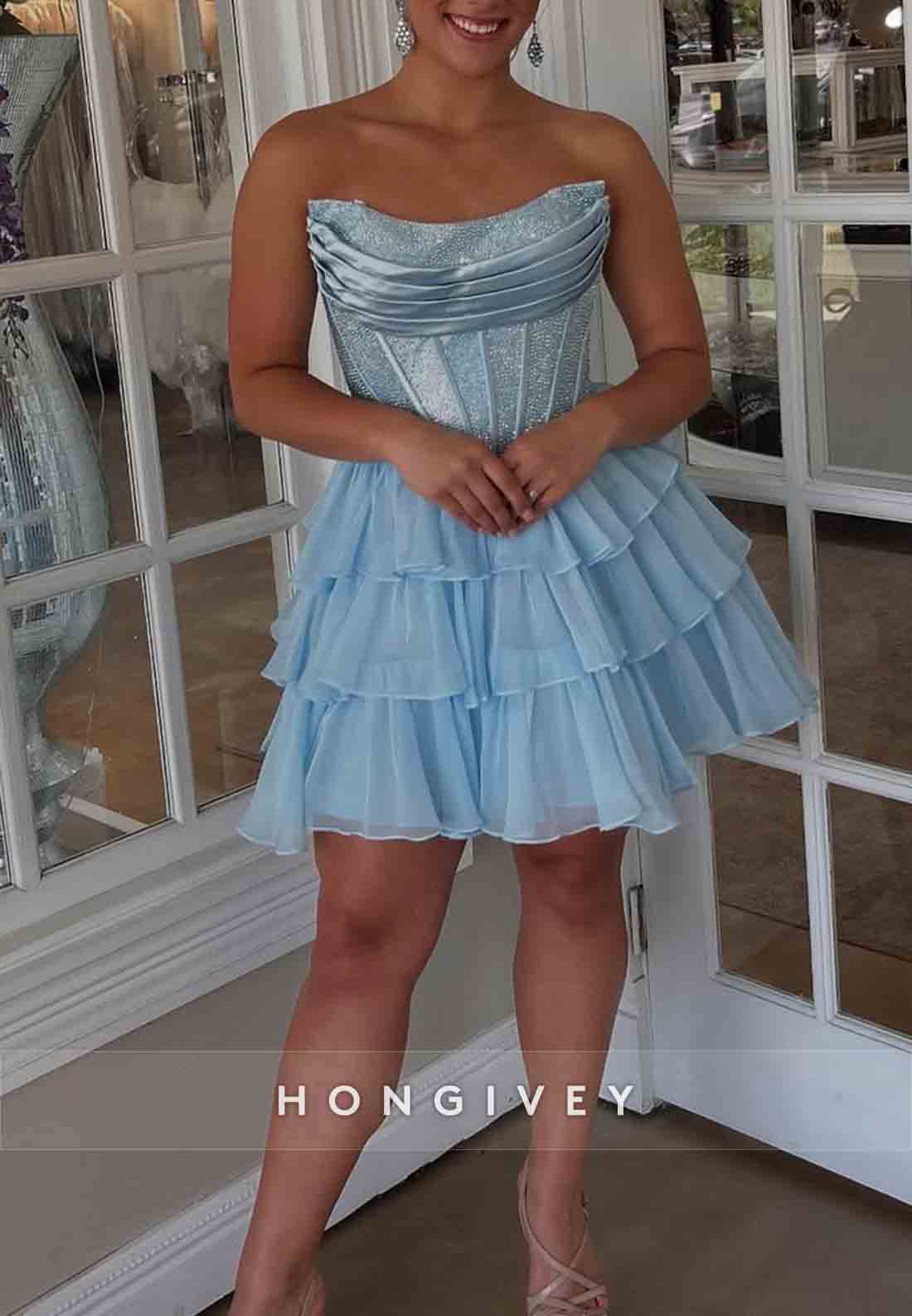 A-Line Strapless Ruched Crisscross Back Pleated Short Homecoming Dresses