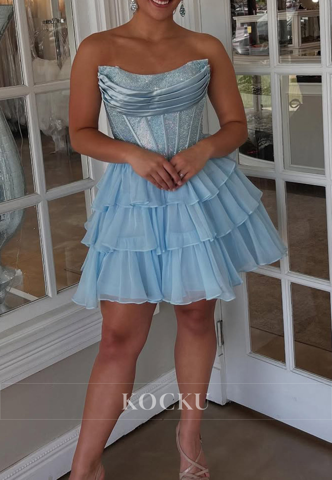 A-Line Sky Blue Scoop Rhinestone Pleated Homecoming Dresses