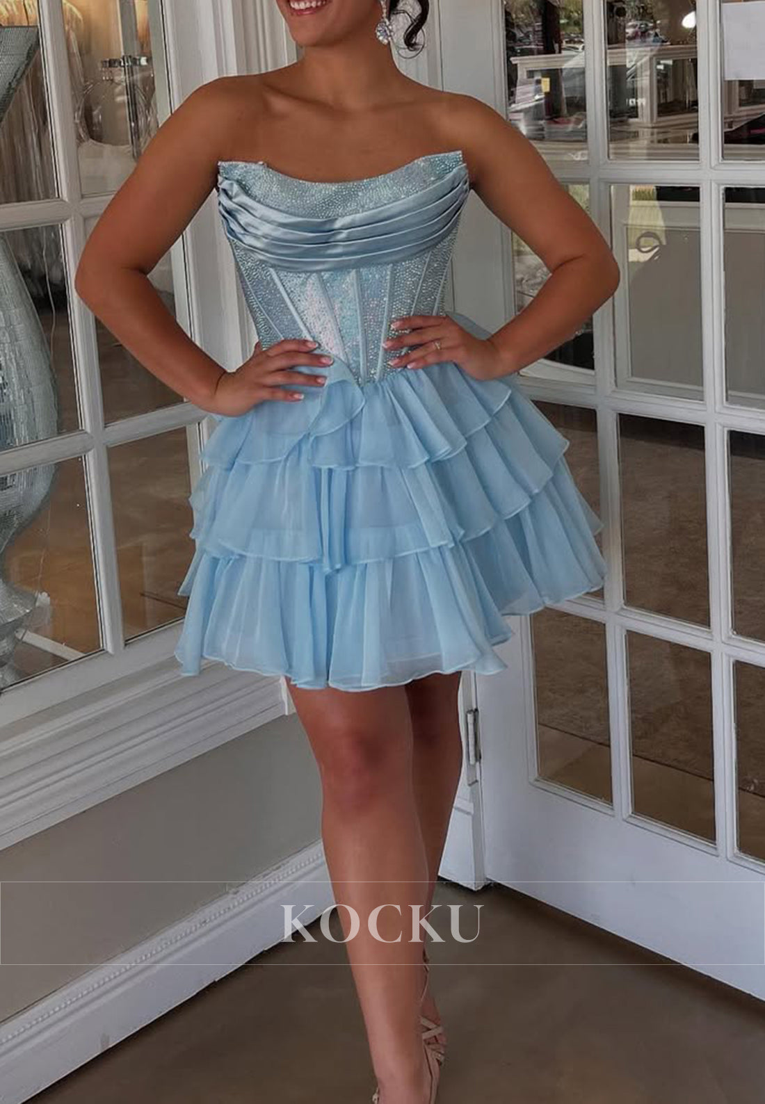 A-Line Sky Blue Scoop Rhinestone Pleated Homecoming Dresses