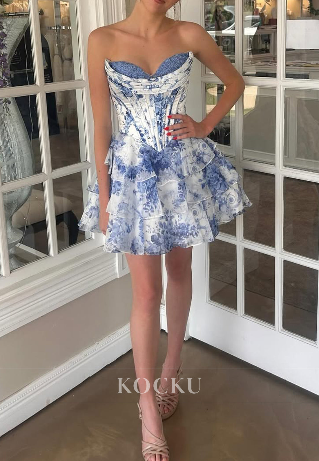 A-Line Strapless Sweetheart Print Flowers Homecoming Dresses