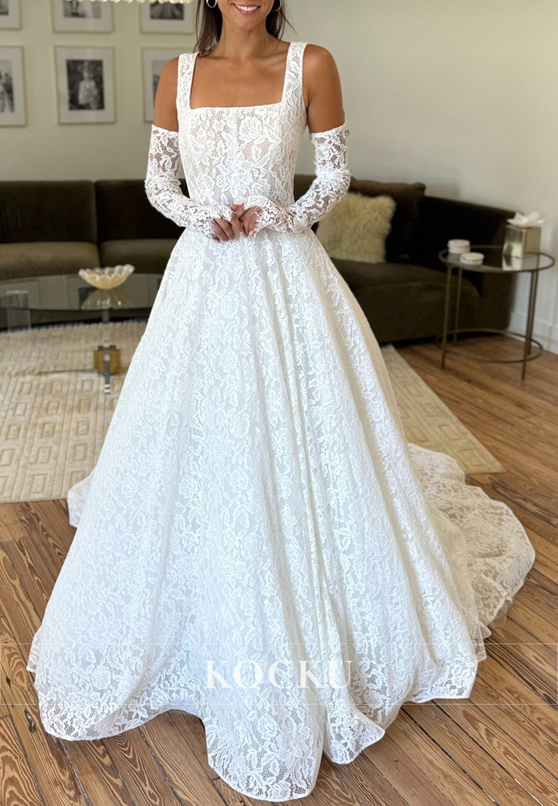 White Lace Square Neck A-Line Long Wedding Dress with Gloves