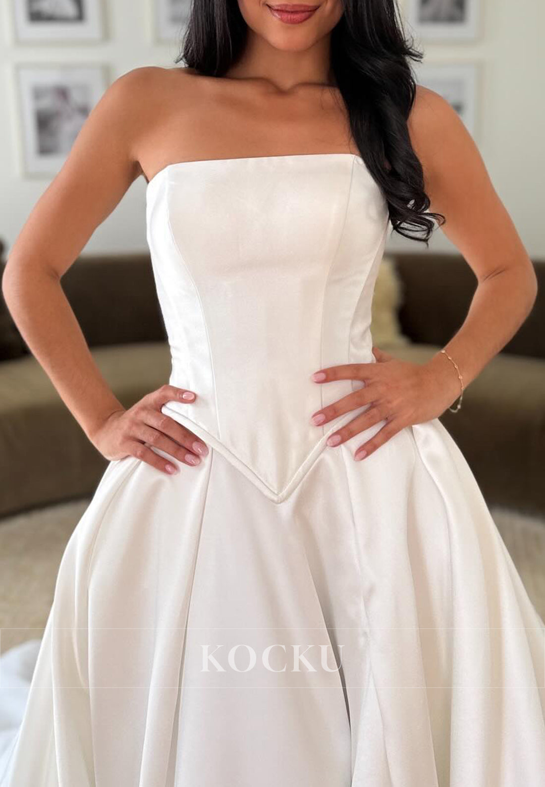 Elegant Strapless Satin Wedding Gown with High Slit