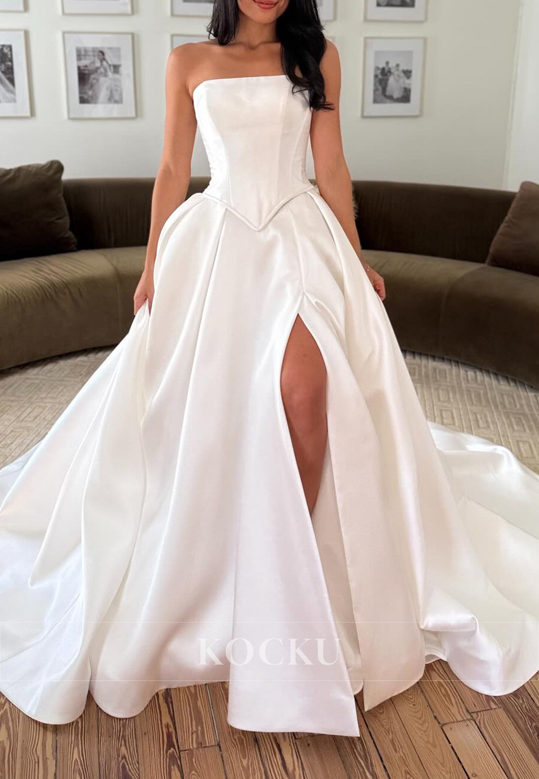Elegant Strapless Satin Wedding Gown with High Slit