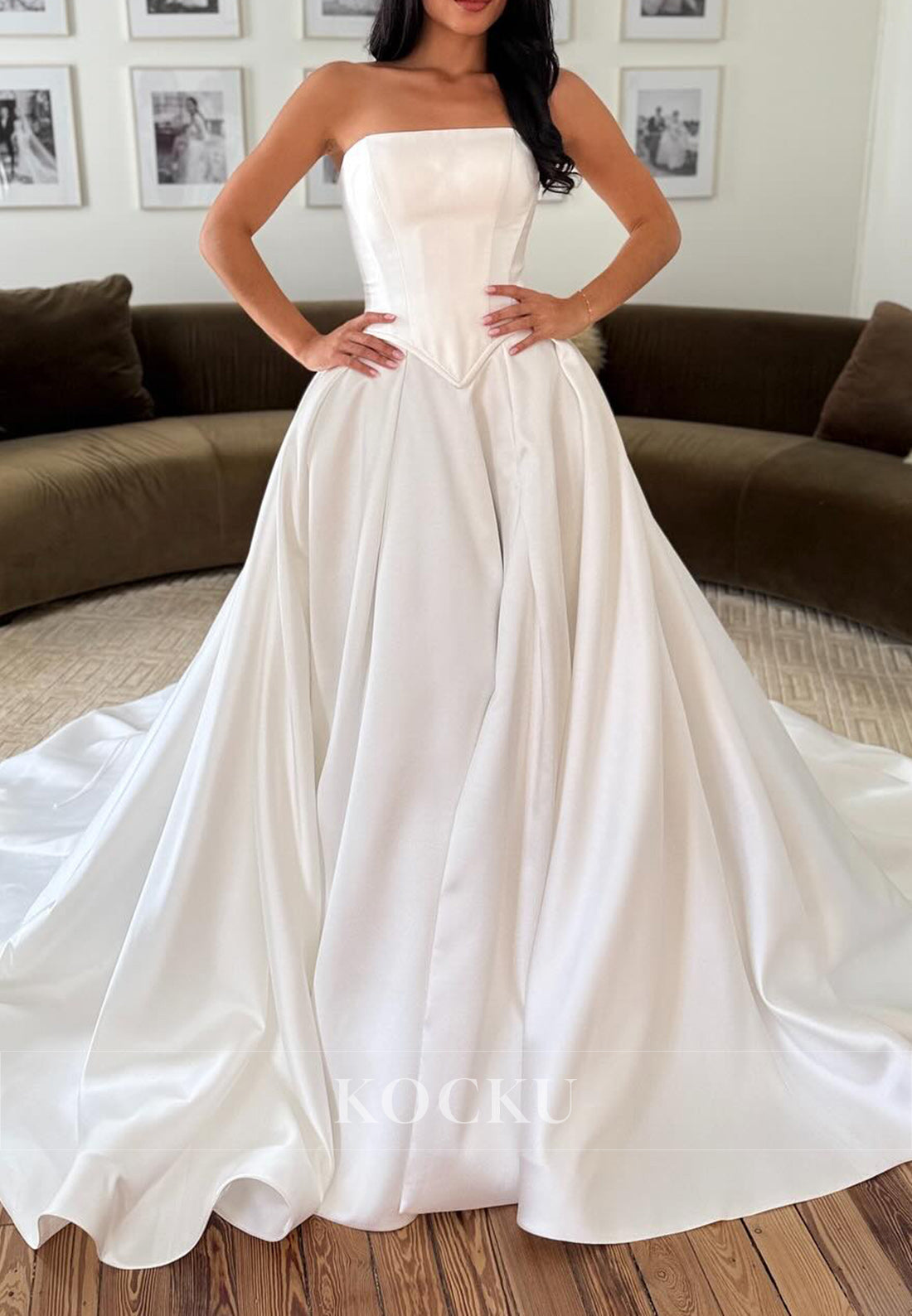Elegant Strapless Satin Wedding Gown with High Slit