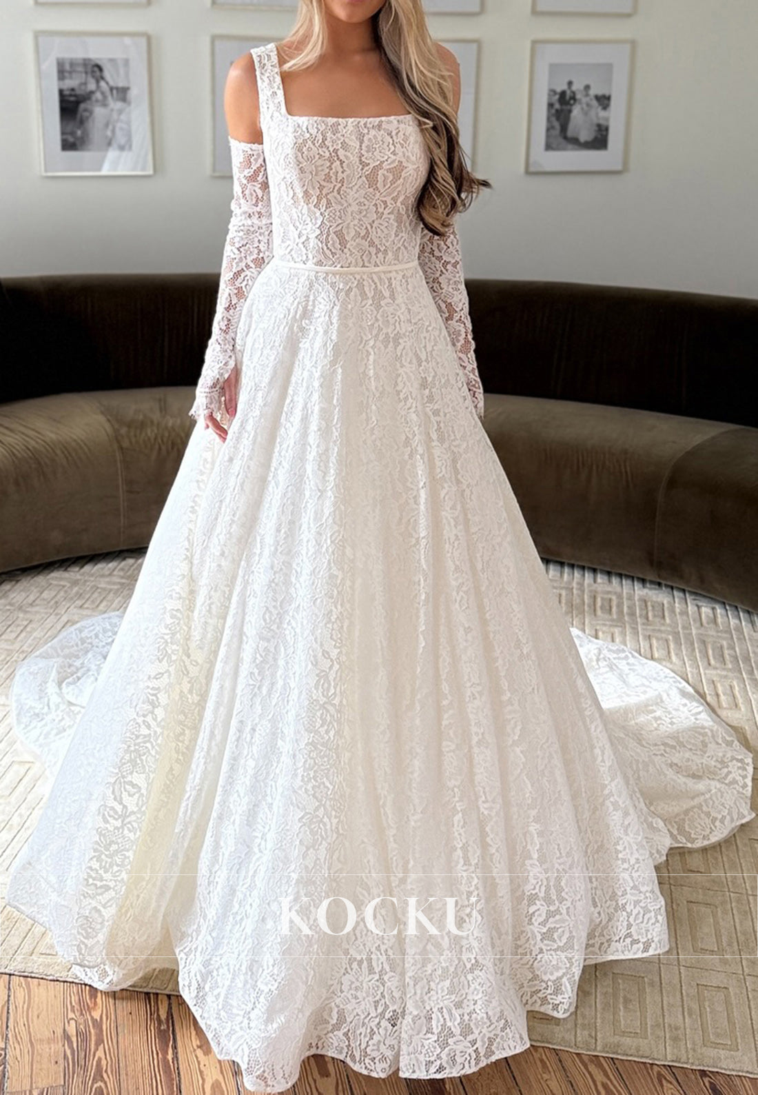 White Lace Square Neck A-Line Long Wedding Dress with Gloves