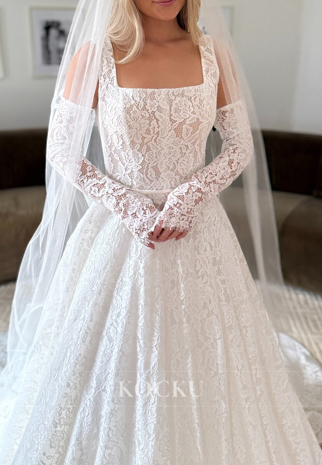 White Lace Square Neck A-Line Long Wedding Dress with Gloves