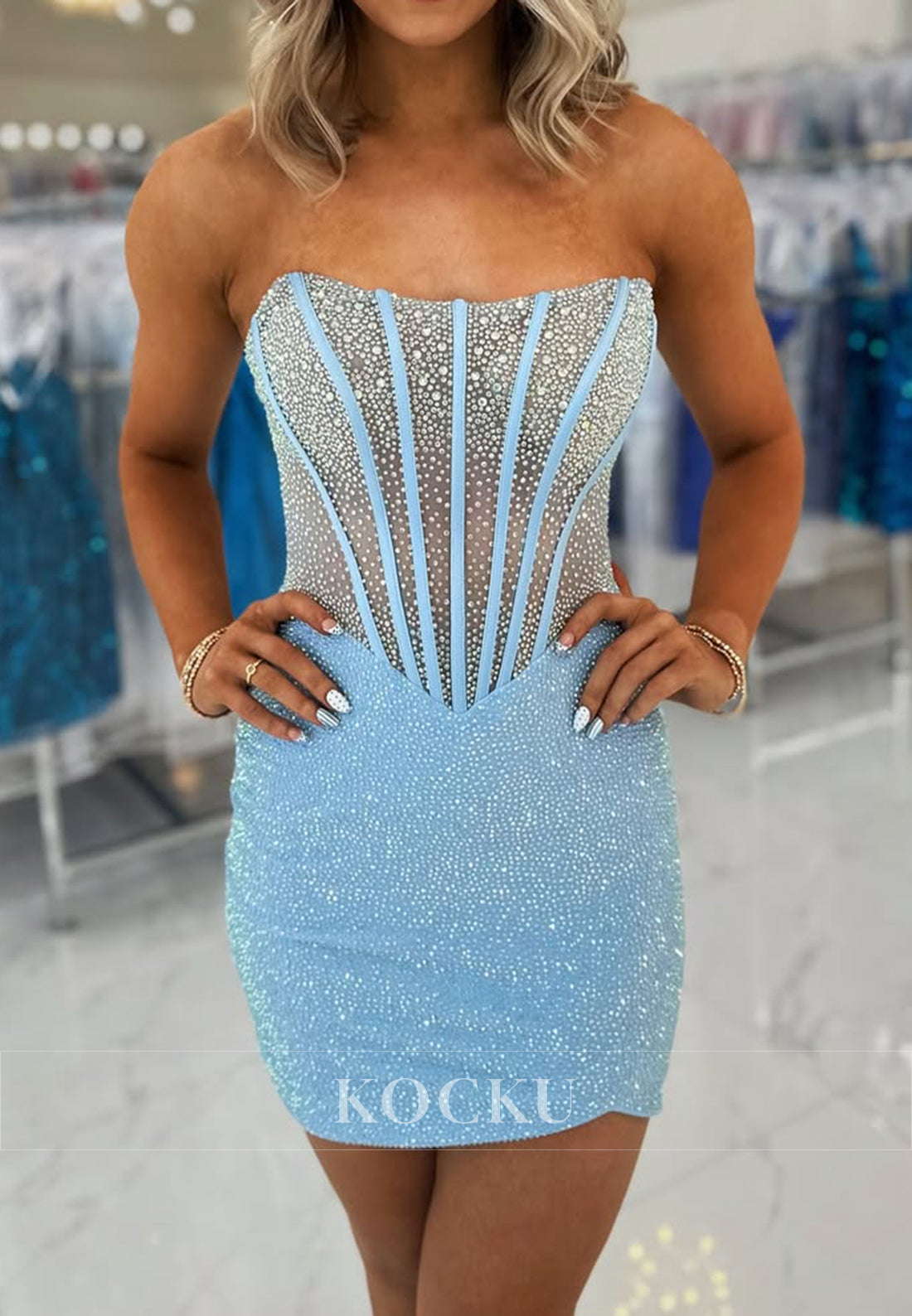 Sky Blue Strapless Bodycon Beaded Embellished Homecoming Dresses