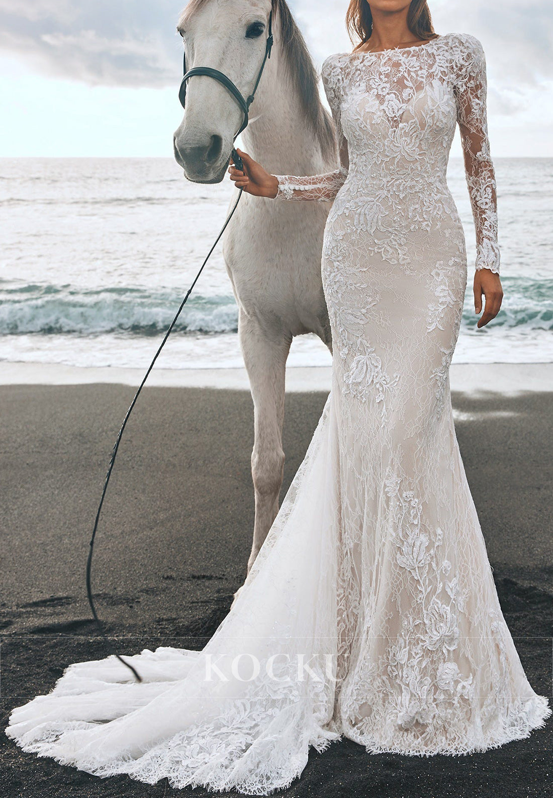 Lace Long Sleeve Mermaid Wedding Dress with Open Back & Train for Beach